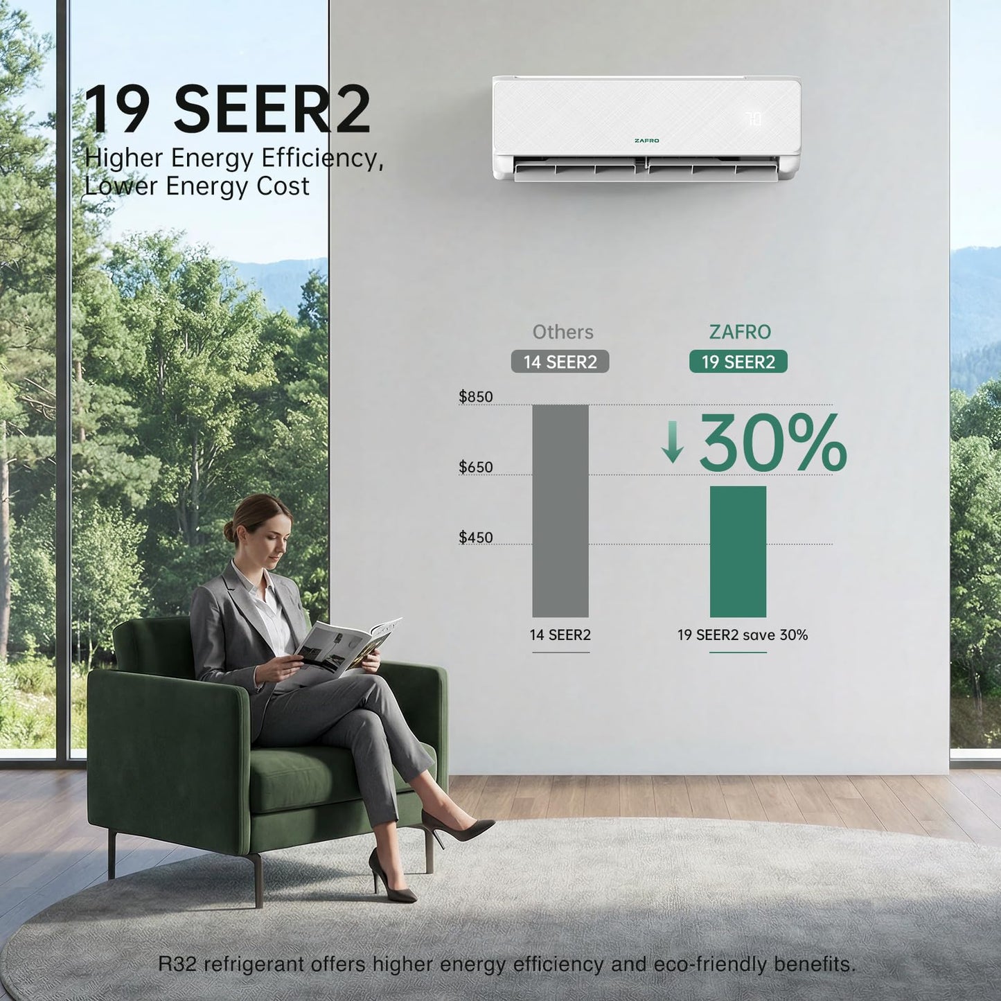 ZAFRO 24000 BTU Mini Split Air Conditioner & Heating System, 19 SEER2 Inverter Ductless Mini Split AC System with WiFi & Remote Control, Ultra Quiet 30dB, Cools/Heats Up to 1500 Sq.Ft