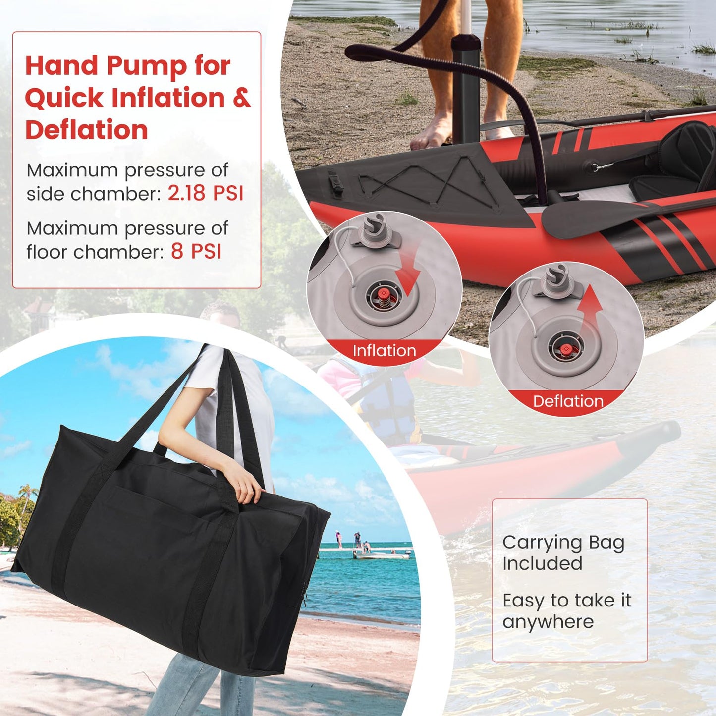 GYMAX Inflatable Kayak, 12.5Ft 507lbs Tandem Kayak with 2 Aluminum Paddles, 2 Padded Seats, Footrests, 2 Fins, Hand Pump, Carry Bag & Repair Kit, 2 Person Fishing Touring Kayak for Adults Youth (Red)