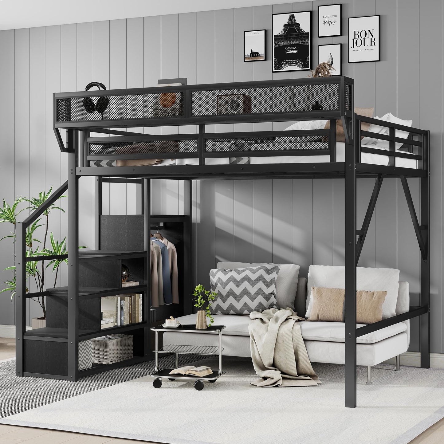 KEIKI Queen Size Metal Loft Bed Frame with Convertible Staircase, Built-in Storage Shelves and Wardrobe, Loft Bed with Solid Slats, Guardrail, No Box Spring Required, Easy Assembly, for Bedroom, Black