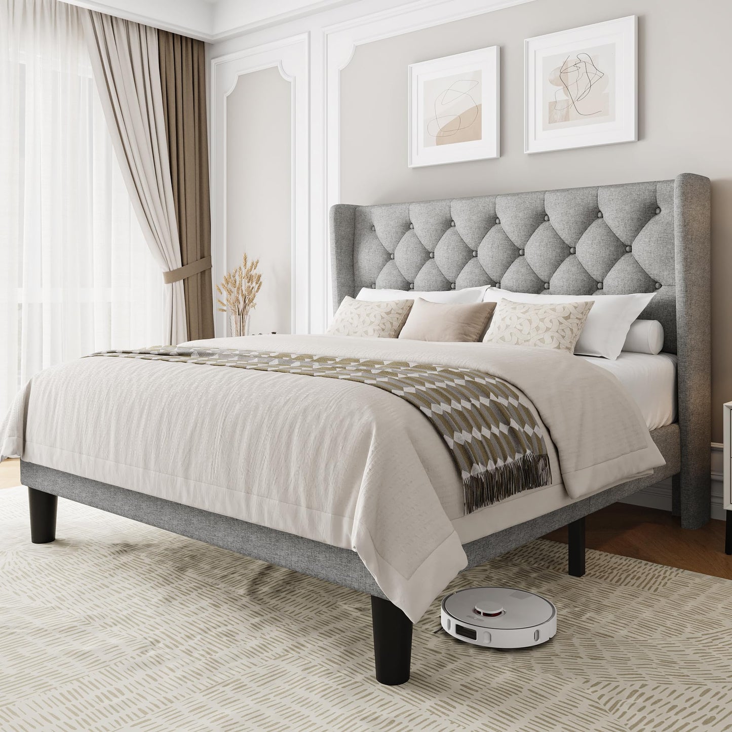 Einhomn Queen Size Platform Bed Frame with Fabric Upholstered Wingback Headboard, 9" Under Bed Space, Wooden & Metal Slats Support, No Box Spring Needed, Light Gray