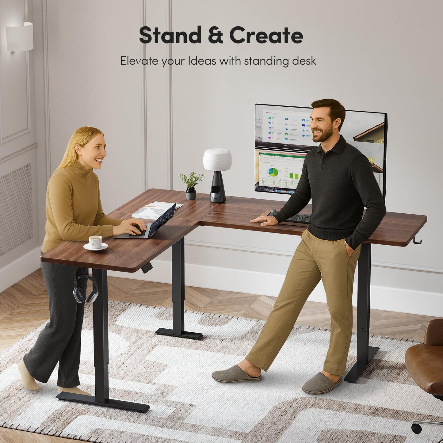BANTI L-Shaped Standing Desk - 75 x 63 Inch Adjustable Corner Standing Desk with Charging Station - L Shape Sit Stand Table with Memory Controller, Splice Board for Home Office, Black Walnut
