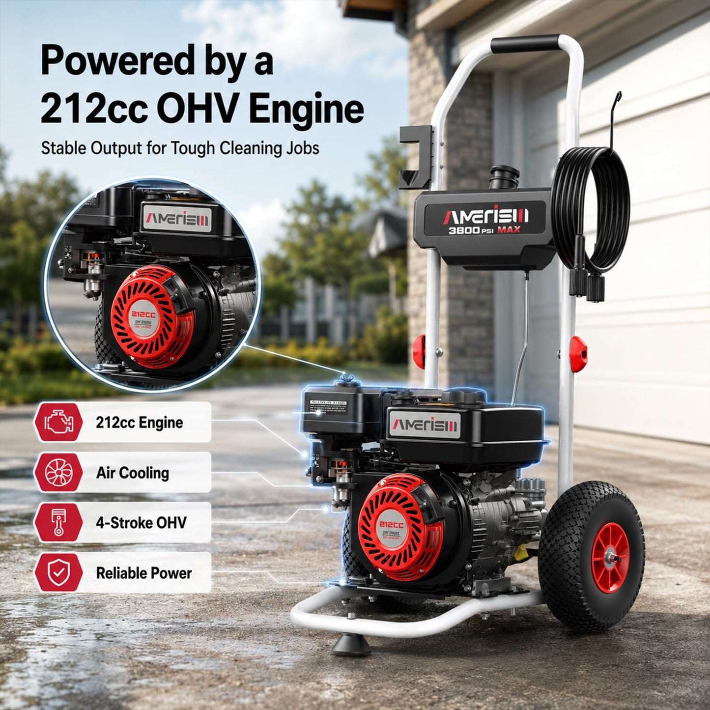 AMERISUN 3800 PSI Gas Pressure Washer 2.5 GPM with 212cc 4-Stroke OHV Engine, 5 Quick-Connect Nozzles & 10" Wheels, Heavy Duty Power Washer for Driveways, Cars, Patios, Decks & House Siding