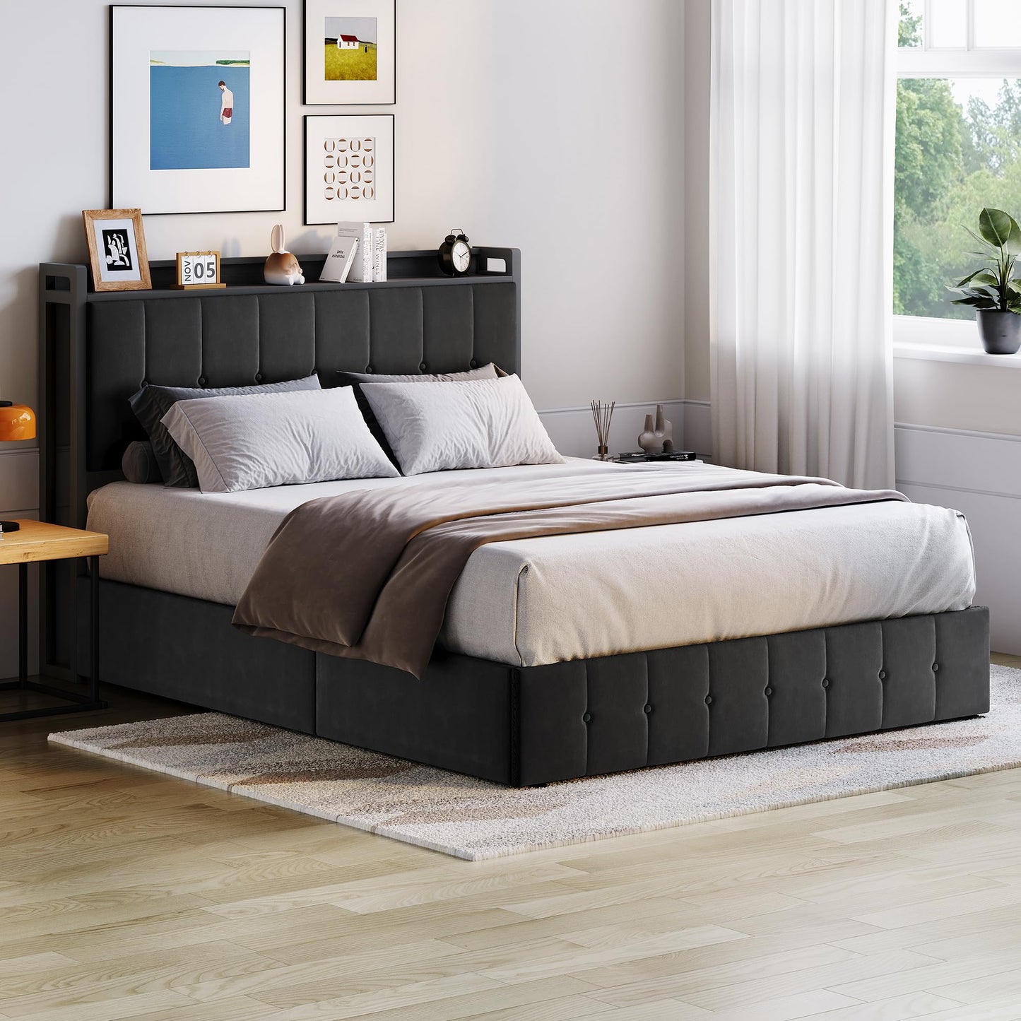 Garvee Full Size Lift Up Storage Bed, Upholstered Velvet Bed Frame with Storage Headboard, Metal Platform Bed, No Box Spring Needed, Solid Wooden Slats, Noise Free, Black