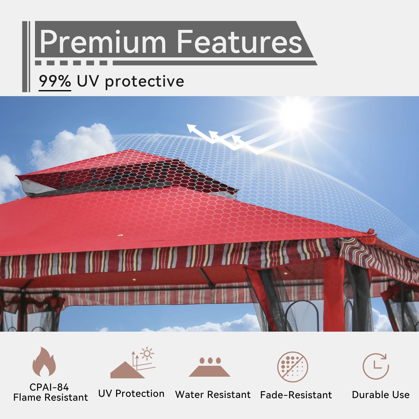Gardenbee 13x11 Ft Canopy Gazebo with Netting, Double Roof Canopy Shelter with Frame for Outdoors, Patio/Deck/Garden/Yard/Poolside, Red