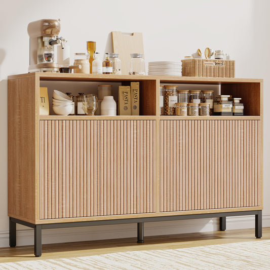Mericonia Farmhouse Buffet Sideboard Cabinet with Storage, Fluted Coffee Bar with Doors and Adjustable Shelves, Modern Wood Console Cabinet for Kitchen, Livingroom (Fluted 4 Door, Natural)