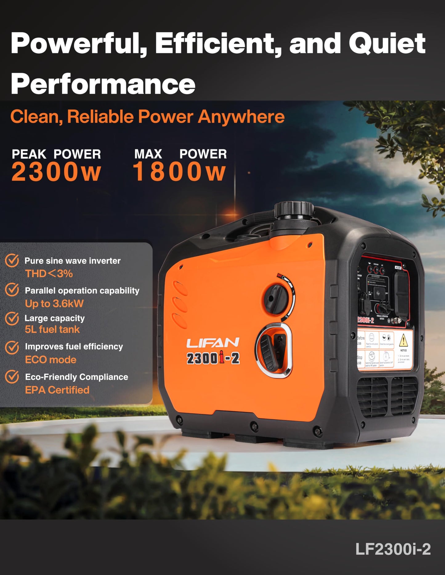 LIFAN 2300W Gasoline Inverter Generator - Portable, Quiet & Fuel-Efficient Power Solution for Home, Camping, RV & Emergency Use with Parallel Capability