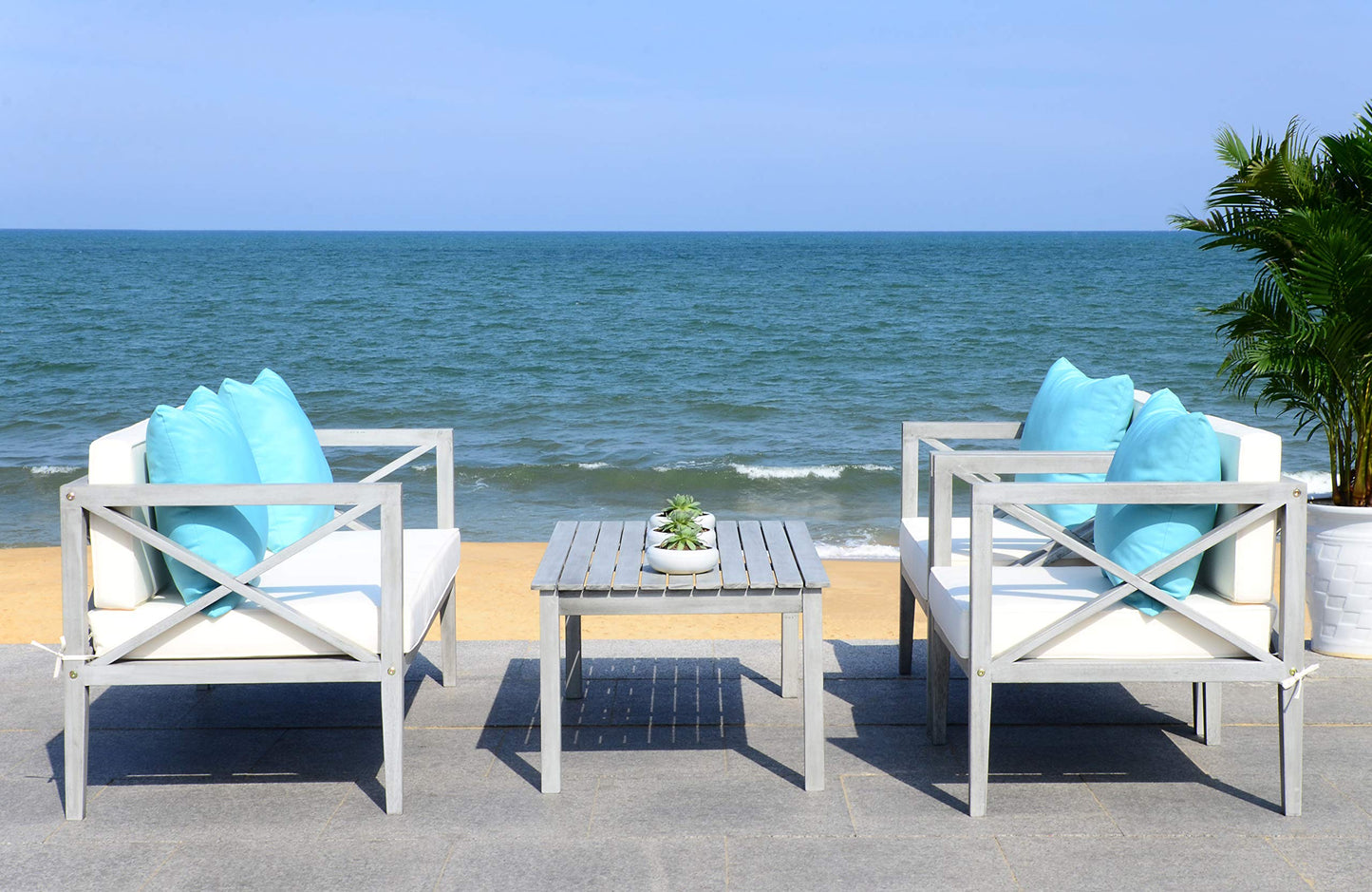 Safavieh PAT7031A Collection Nunzio Teak and White and Navy 4 Pc Accent Pillows Outdoor Set