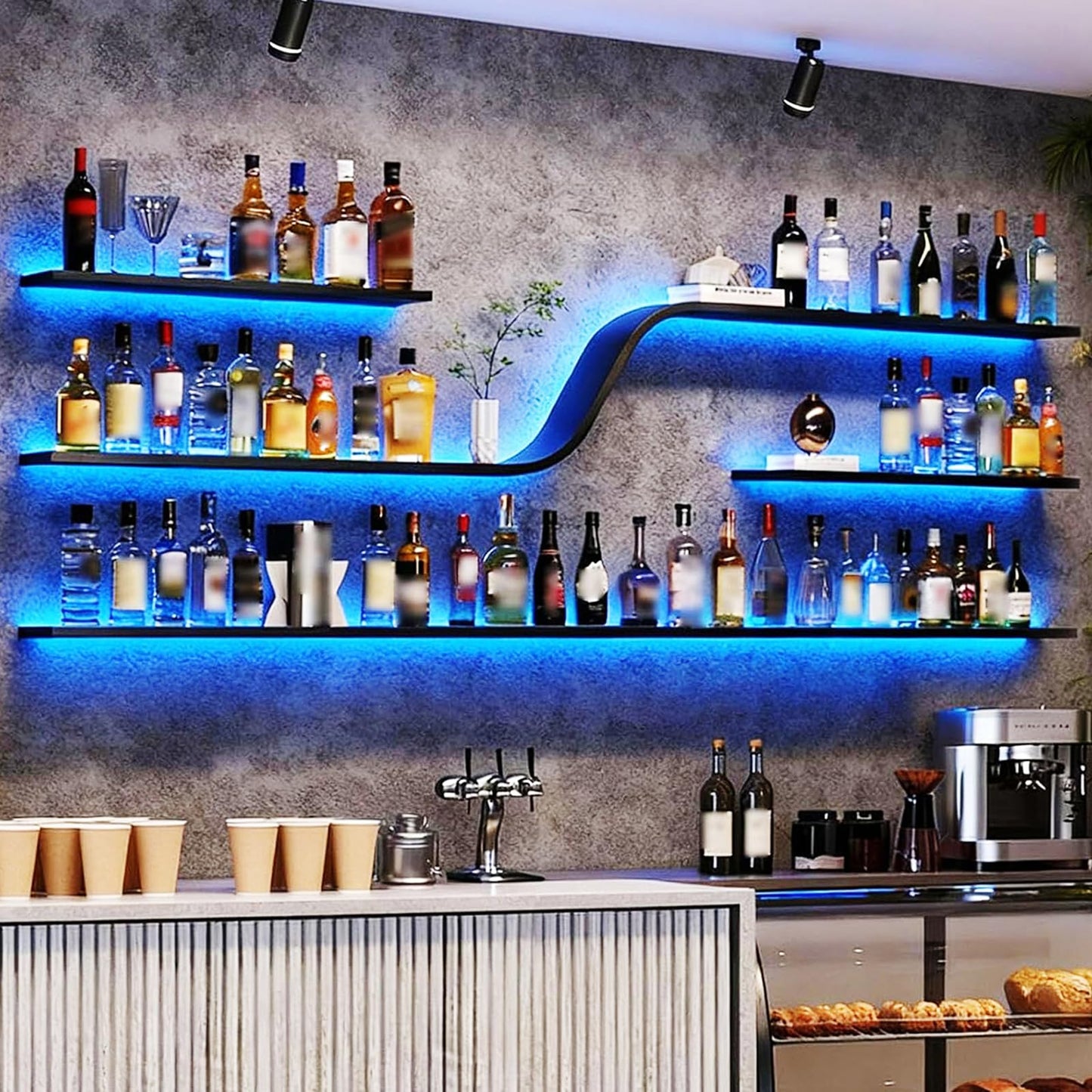 YTALUTTNIE 47in Wall Mounted Wine Rack with LED Lights, Modern Curved Design Floating Bar Shelves, Large Hanging Liquor Display Storage Organizer for Home Bar Coffee Shop Kitchen (Black, 120cm)