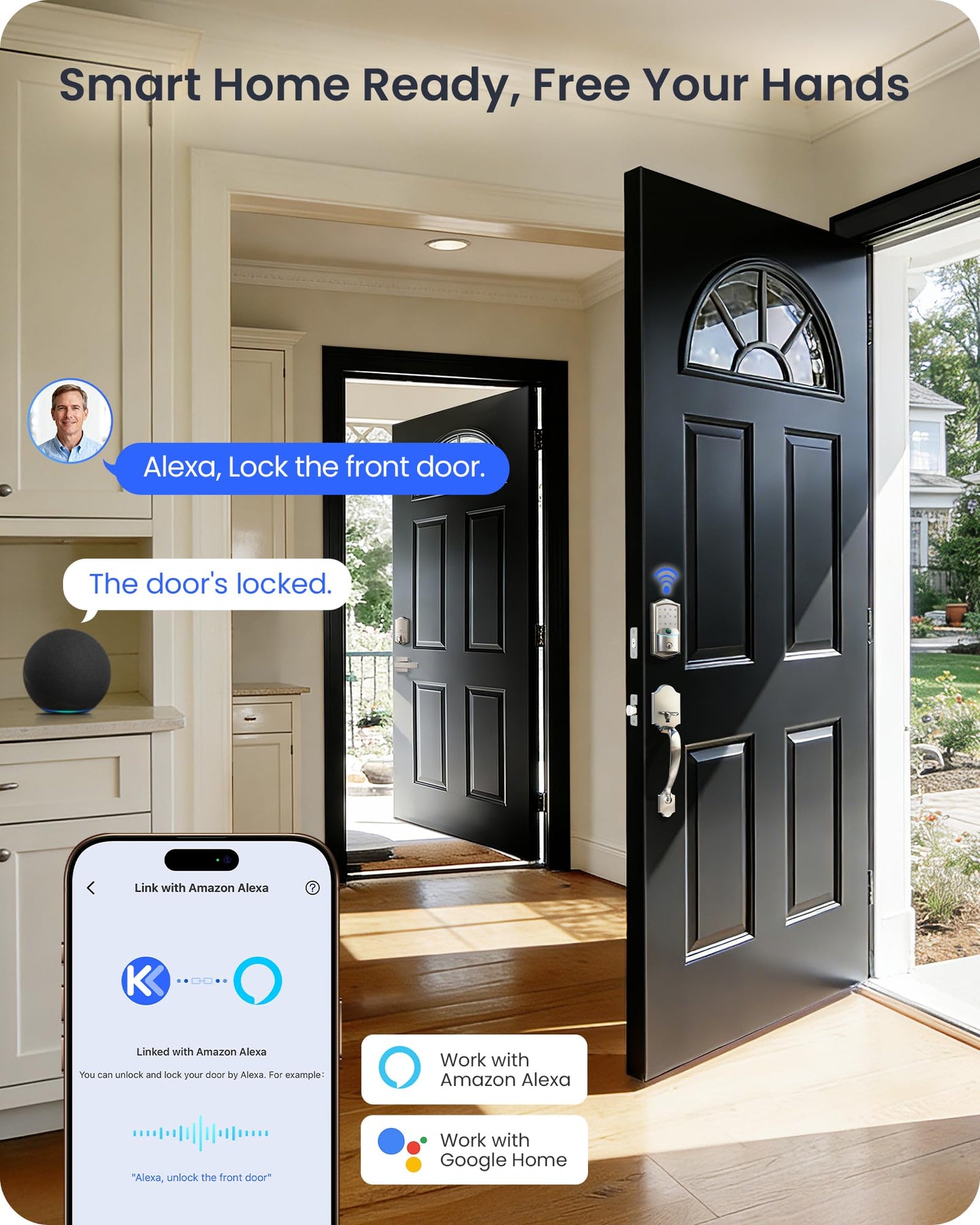 Veise VE027-H Built-in Wi-Fi Fingerprint Smart Deadbolt Lock with Handleset, App Remote & Voice Control, Keyless Entry Front Door Lock Set, Touchscreen Keypad, Auto-Lock, Easy Setup, Satin Nickel