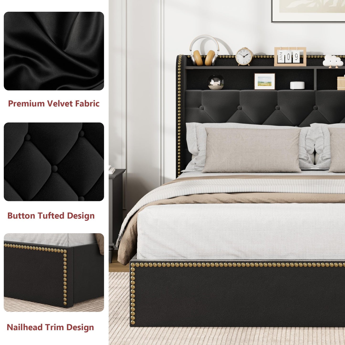 Queen Size Black Velvet Storage Bed with Shelved Headboard and 4 Drawers, Tufted Upholstered Platform Bed Frame with Nailhead Trim, Metal Support Slats, No Box Spring Required, Easy to Assemble