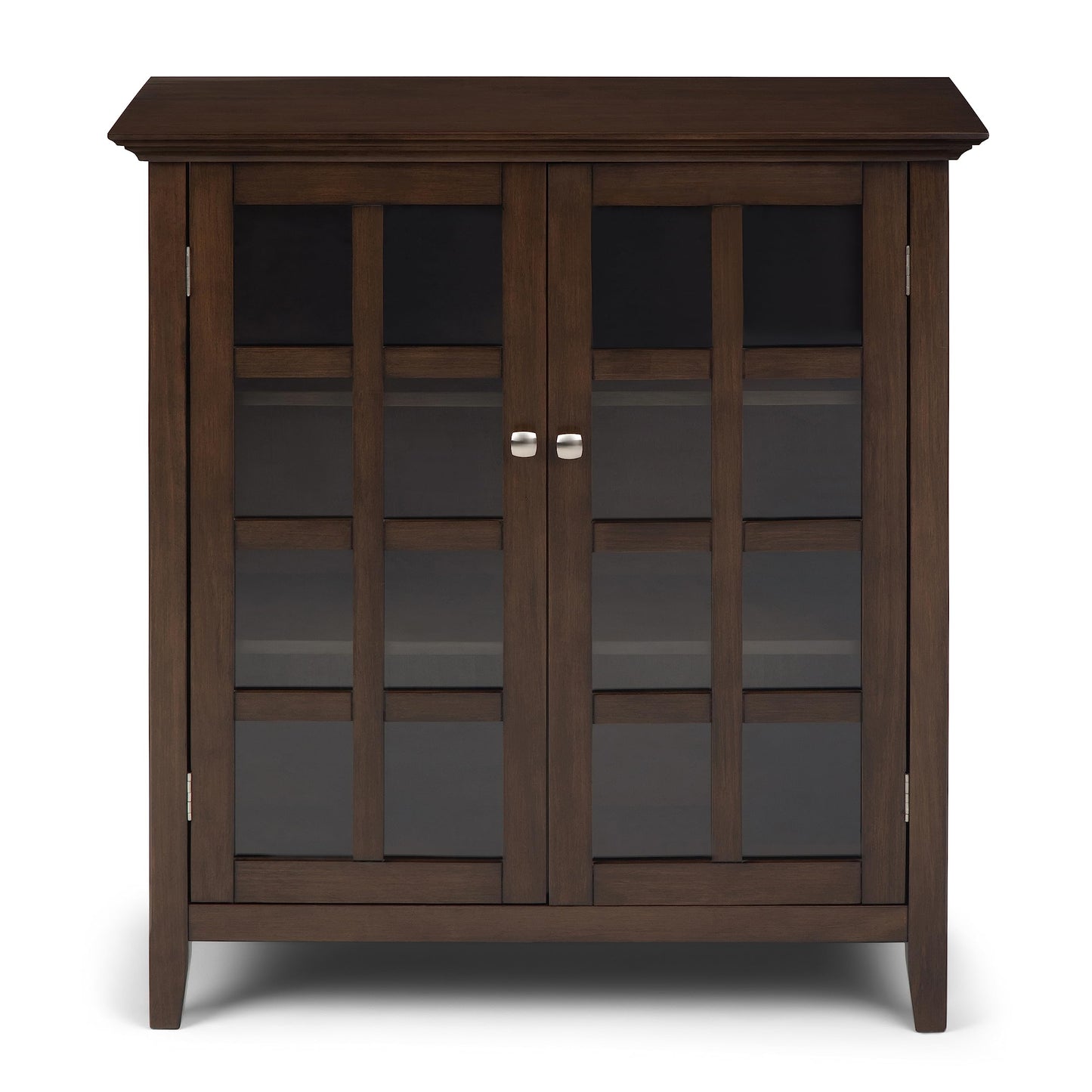 SIMPLIHOME Acadian Storage Cabinet - 39 inch Wide Solid Wood 4-Shelf Display Cabinet in Natural Aged Brown, Transitional Cupboard for Living Room or Dining Room with Glass Doors and Adjustable Shelves
