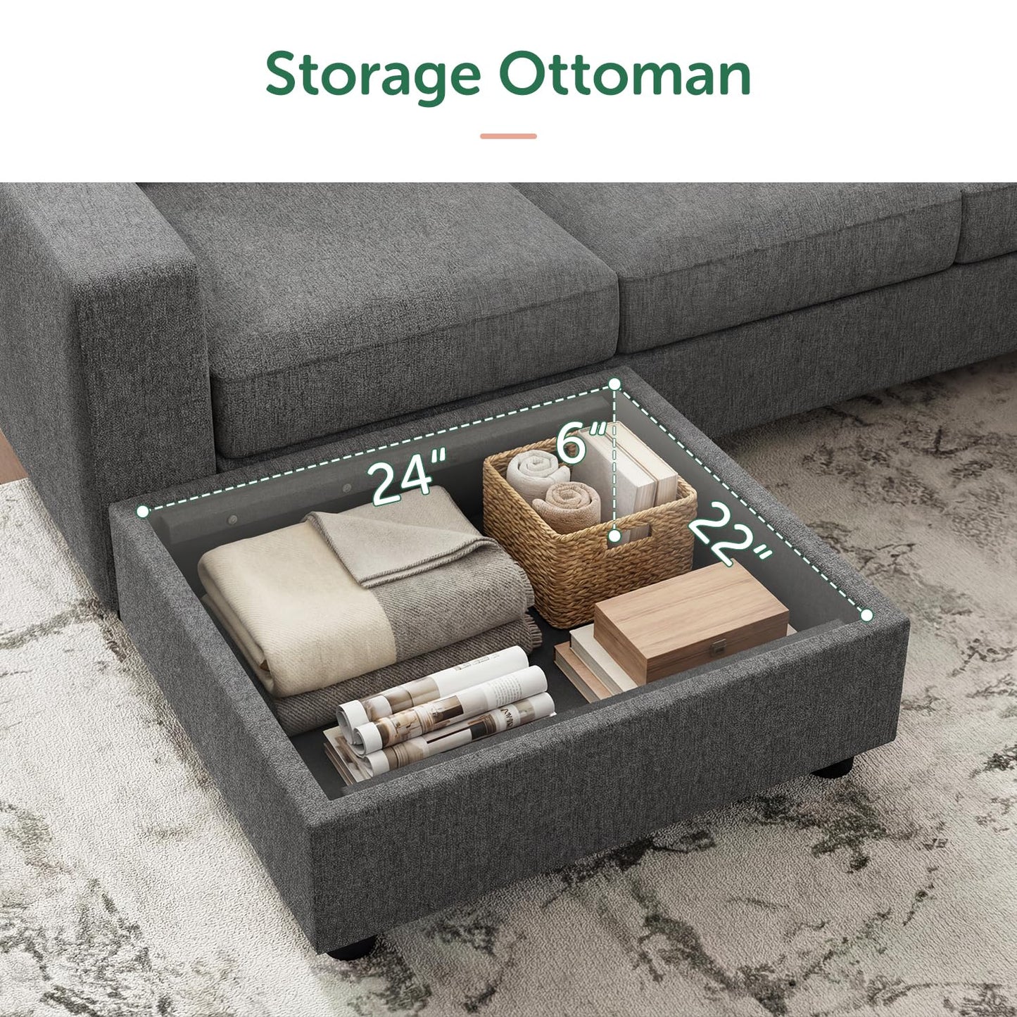 HONBAY Sectional Couch with Storage L-Shaped Sectional Couches for Living Room 6 Seater Sectional Sofa, Light Grey
