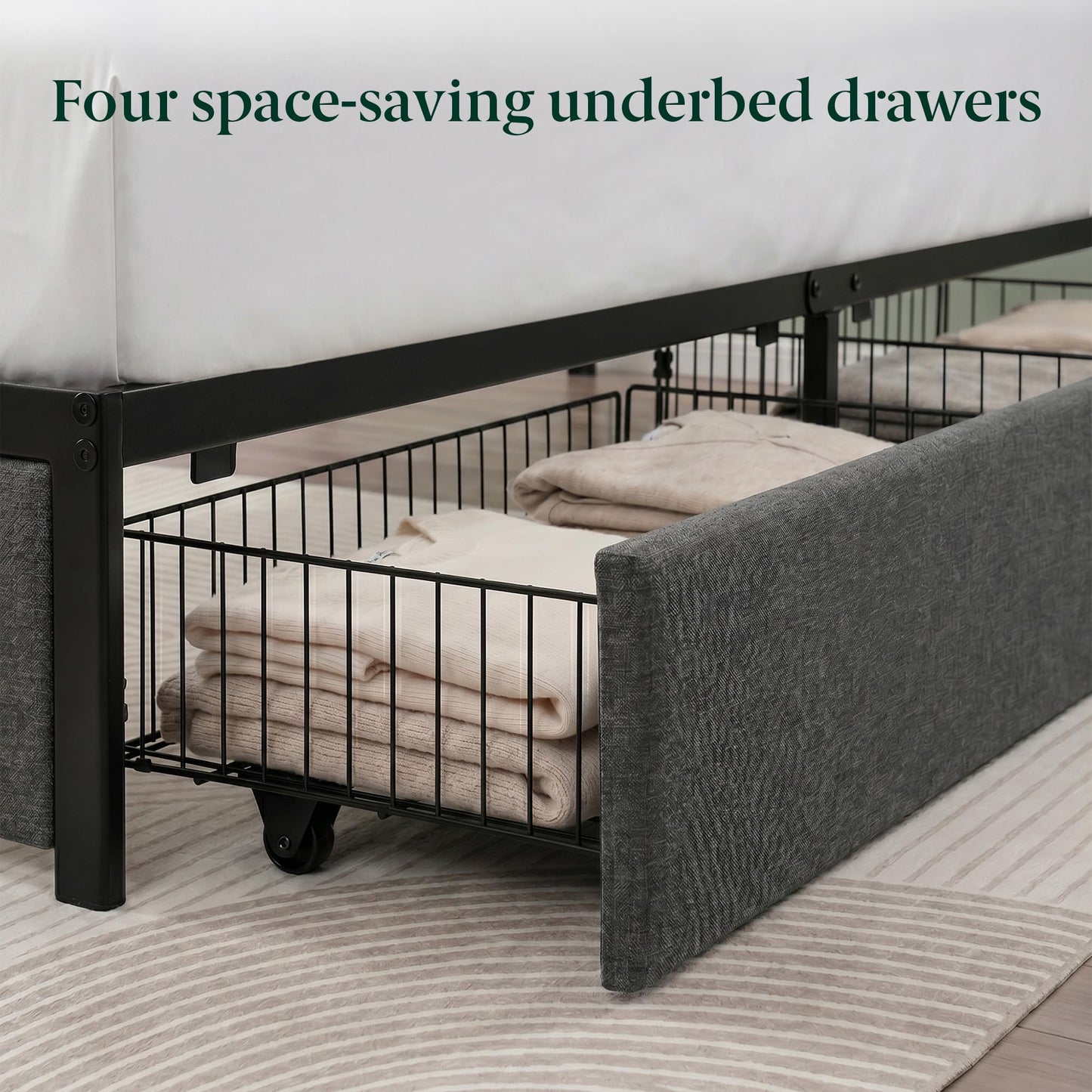 Zinus Michael Upholstered Platform Bed Frame, Space-Saving Two-Tier Headboard Storage and Four Underbed Drawers, Mood Setting RGB LED Lights, Built-in USB Charging Station, Ambient Night Light, Queen