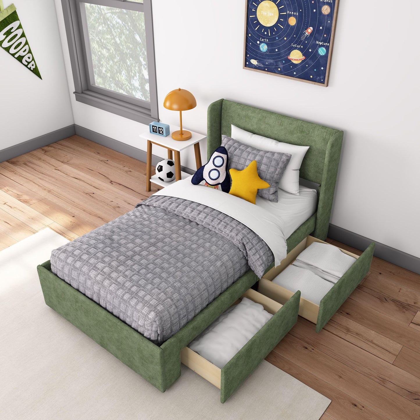 Max & Lily Upholstered Twin Bed Frame with Rectangular Headboard and Two Storage Drawers, Upholstered Platform Bed for Kids, No Box Spring Needed, Easy Assembly, Green