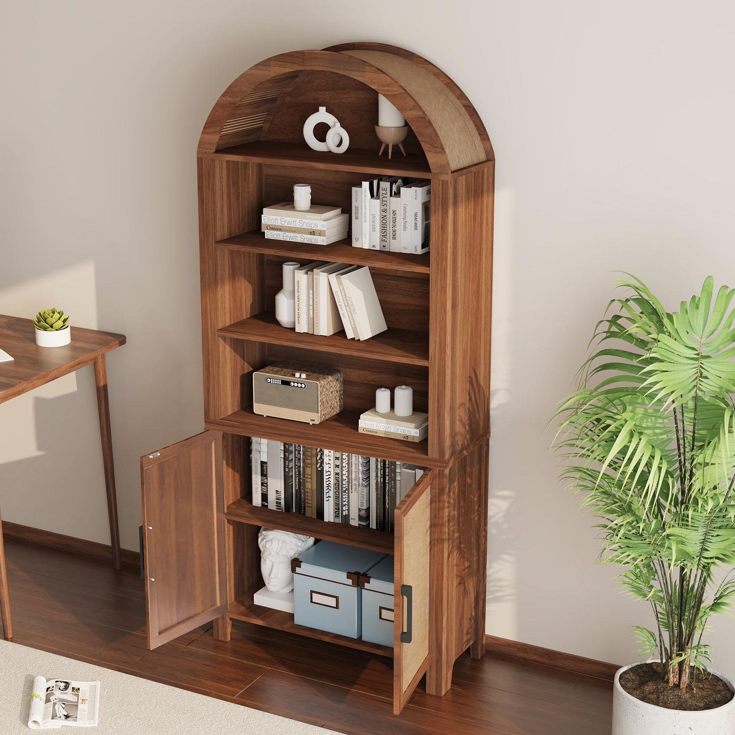 Janmer Home 71" Tall Arched Bookcase with Storage, Mid-Century Modern 6-Tier Cabinet with Door, Arched Bookshelf Cabinet with Open Display Storage Shelf for Office Living Room (Walnut)