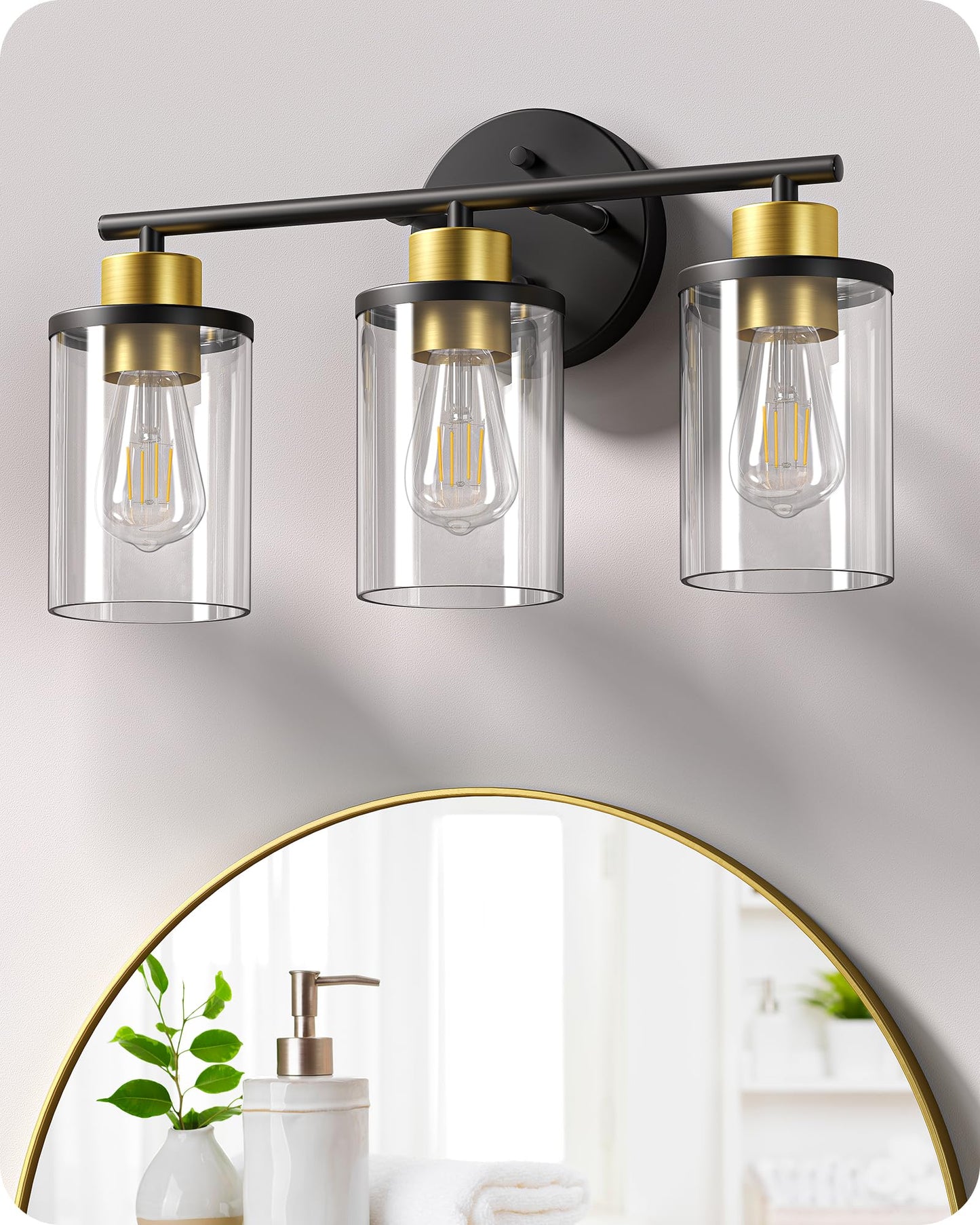 EDISHINE 3-Light Bathroom Vanity Light Fixture, Metal, Black and Gold, Model HHVL04H, Clear Glass Shade