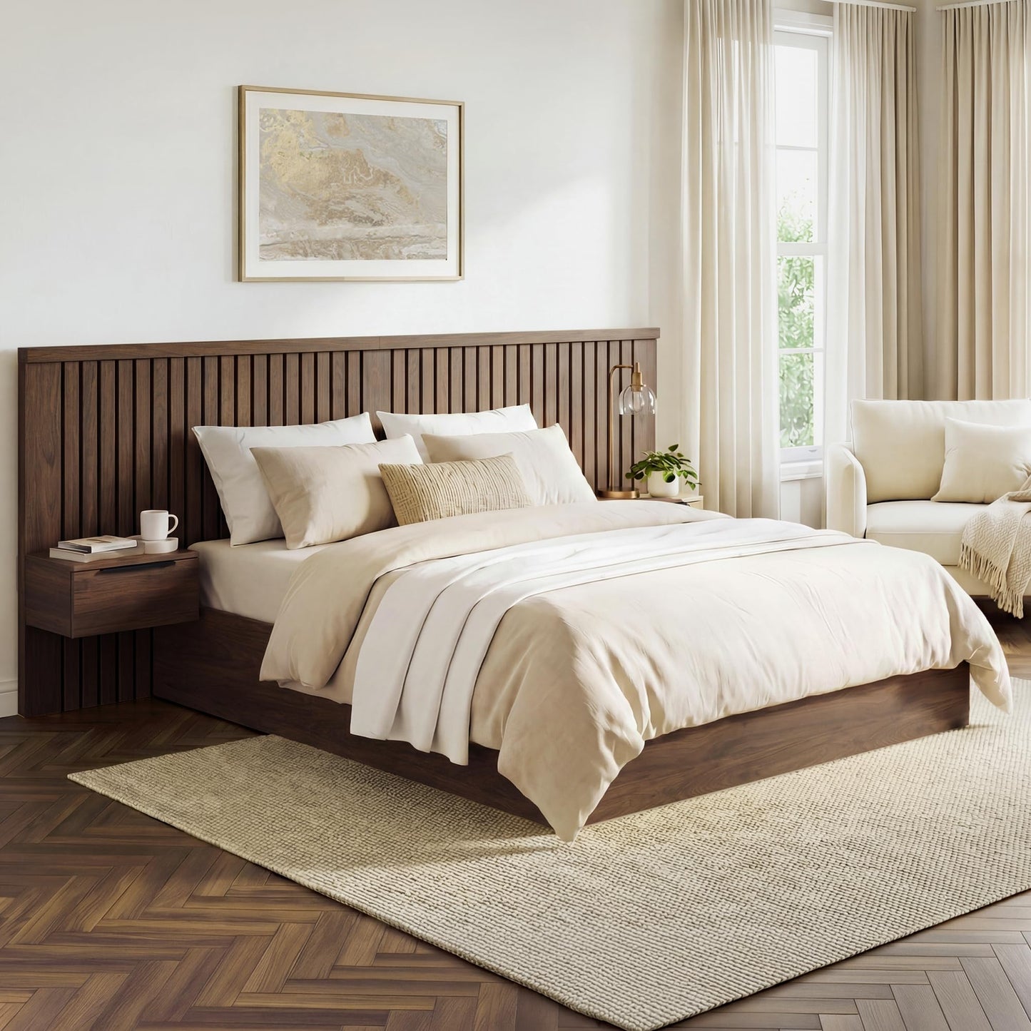 KISLOT Queen Size Wood Bed Frame with Built-in Nightstands, Modern Fluted Headboard & Storage Drawers, Solid Wood Slat Support, No Box Spring Needed, Noise-Free, Easy Assembly