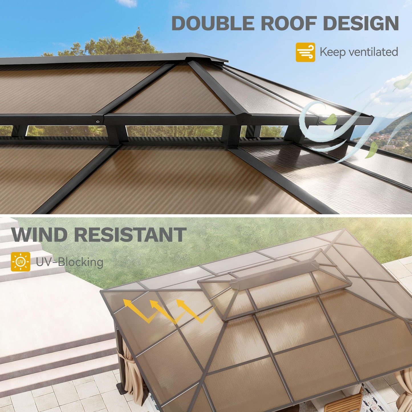 DWVO 10x12ft Hardtop Gazebo Double Roof Polycarbonate Canopy Outdoor with Netting and Shaded Curtains, Metal Frame Garden Tent for Patio, Backyard, Deck and Lawns, Brown