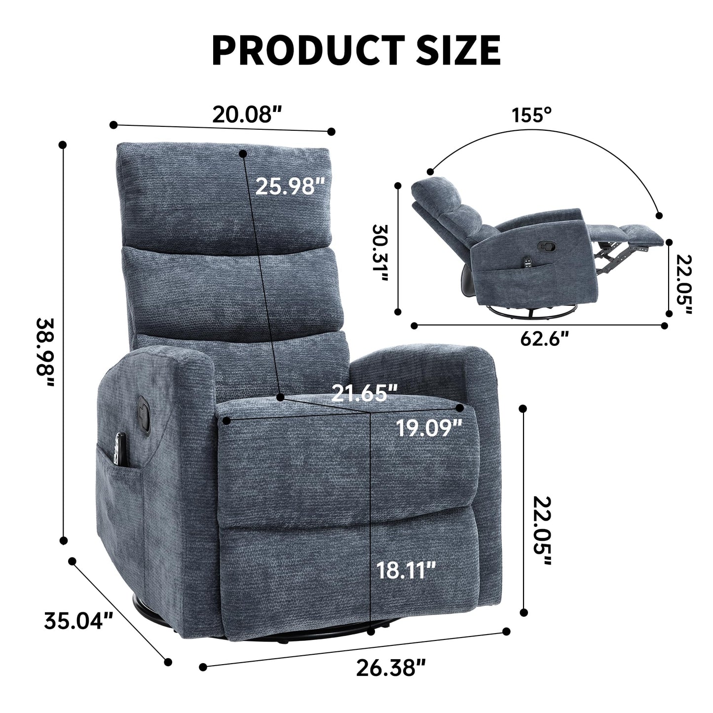 GDFStudio Heat Massage Manual Recliner Chair with Rocking and 360° Swivel, Chenille Fabric Recliner Chair with Lumbar Heat, 8-Point Vibration Massage, 155° Reclining Chair for Living Room, Blue Grey