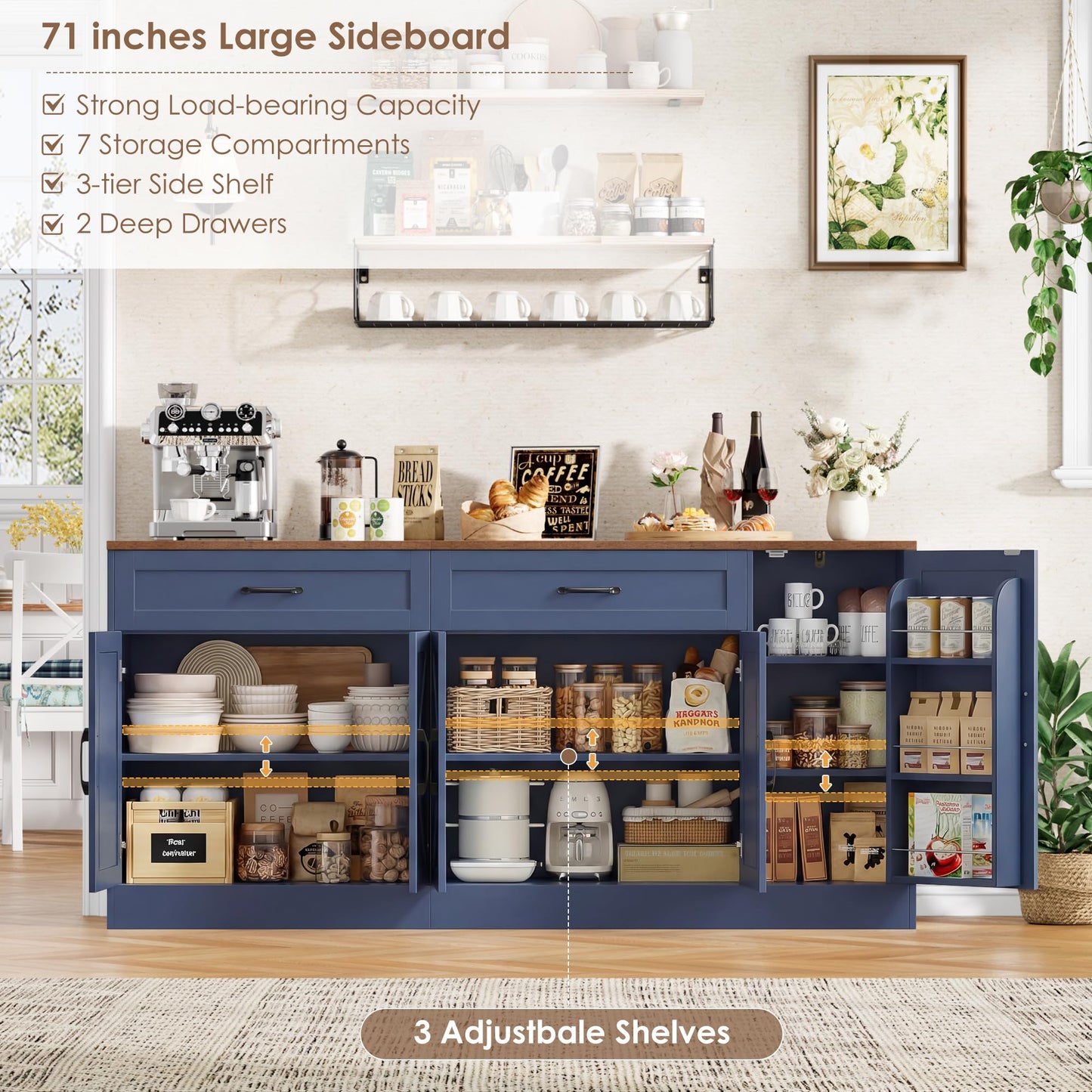 BOTLOG 71” Large Sideboard Buffet Cabinet with Storage, Farmhouse Buffet Cabinet with Adjustable Shelves and 3 Door Shelves, Wood Coffee Bar Console Table for Kitchen, Dining Room, Blue