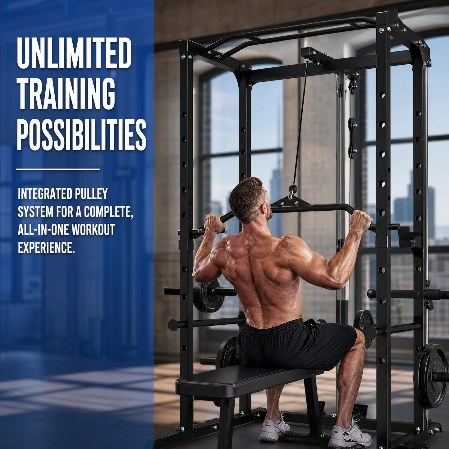 KOPUS Power Rack with Pulley System – Multi-Functional Power Cage Squat Rack, LAT Pull Down, J Hooks & Safety Bars – 1200 lbs Home Gym Equipment – 5 Configurations (Cage + Pulley + 150LB Weights)