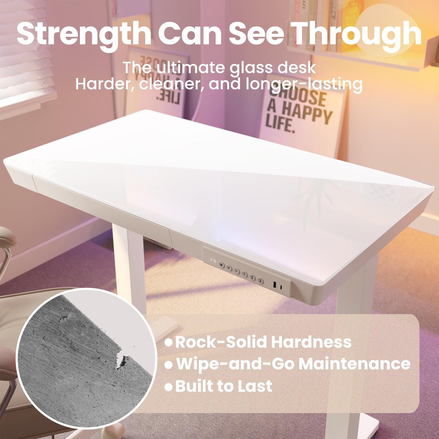 HUANUO Glass Standing Desk with Drawers, 35 X 20 Inch Electric Adjustable Height Desk, Quick Install One-Piece Tabletop with USB Charging Ports, White