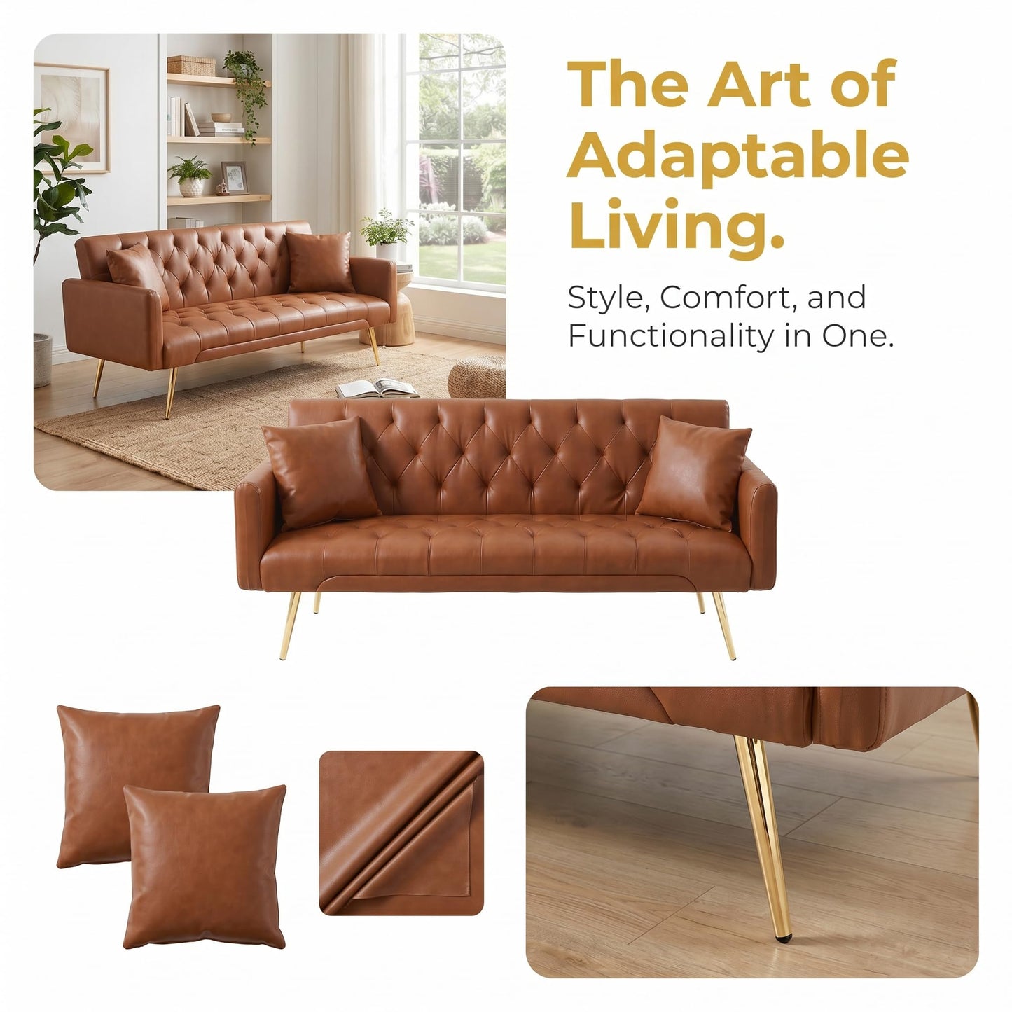 Trygoal Futon Sofa Bed, PU Leather Futon Couch Bed with Adjustable Backrest, Convertible Sofa Beds with 2 Throw Pillows, Small Couches for Small Spaces, Apartment, Bedroom, Living Room, Brown