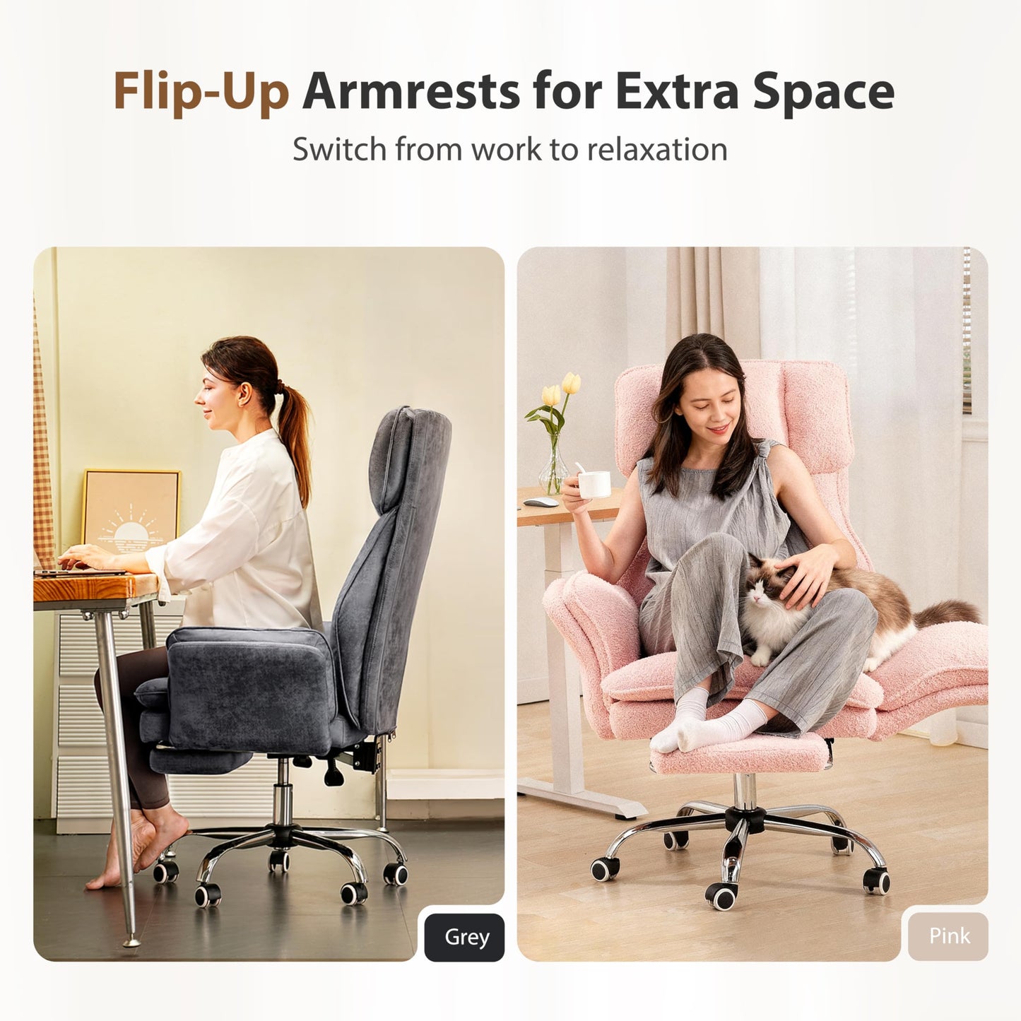 Big and Tall Office Chair, Flip Armrests for Pets & Cross Legged Sitting, Executive Ergonomic Computer Gaming Chair with Foot Rest, Teddy Fleece Wide Seat Reclining Desk Chair, Pink