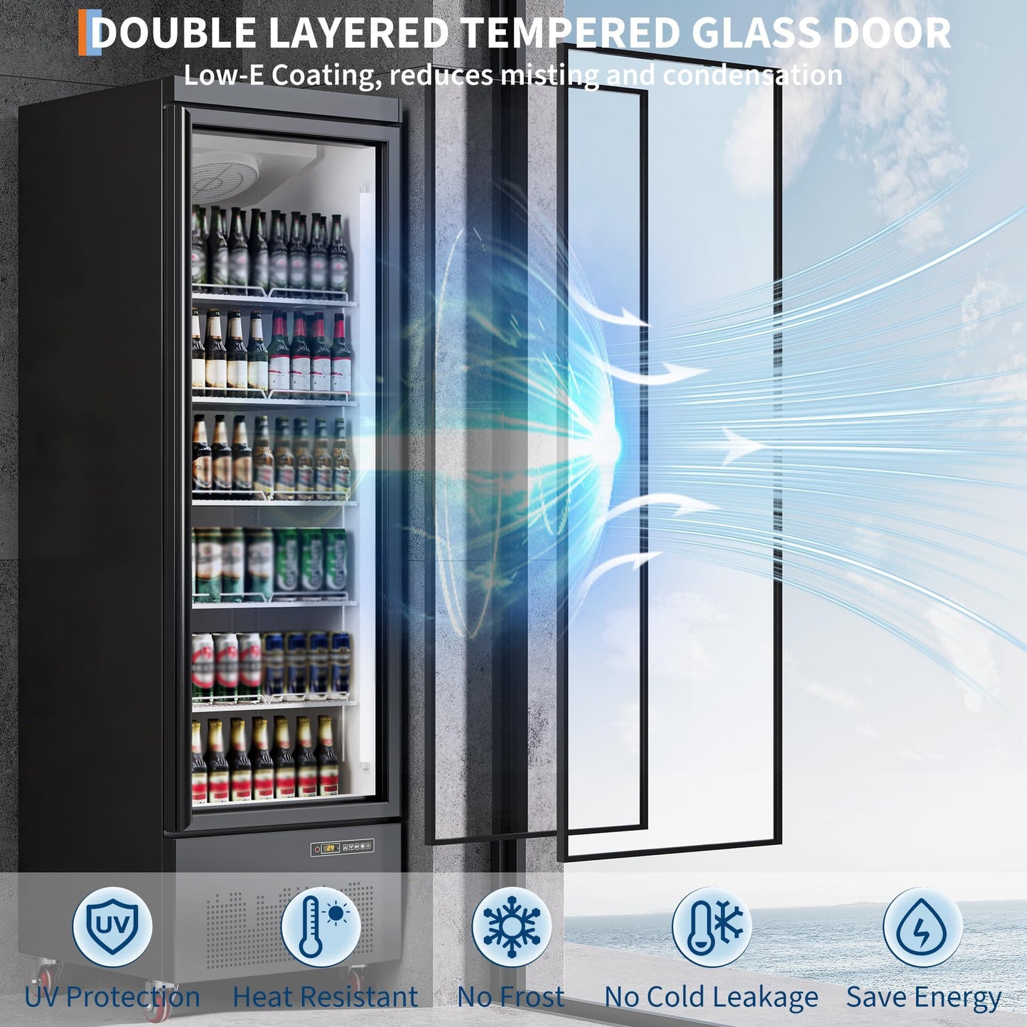 13.4 CF Commercial Refrigerator Display Refrigerator, Glass Door Upright Fridge, Cooler with Adjustable Shelves, Beverage Refrigerator for Shop, Restaurant, Store, Kitchen Appliances, Black
