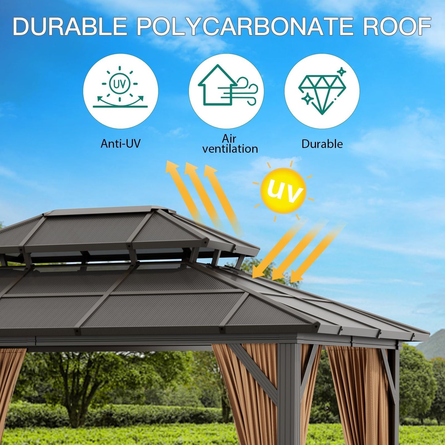 Hetoy 10'x13' Gazebo Hardtop Gazebo, Heavy Duty Aluminum Frame Permanent Pavilion with Curtains and Netting, Outdoor Polycarbonate Double Roof Canopy, Outdoor Pavilion for Patio, Garden, Lawn