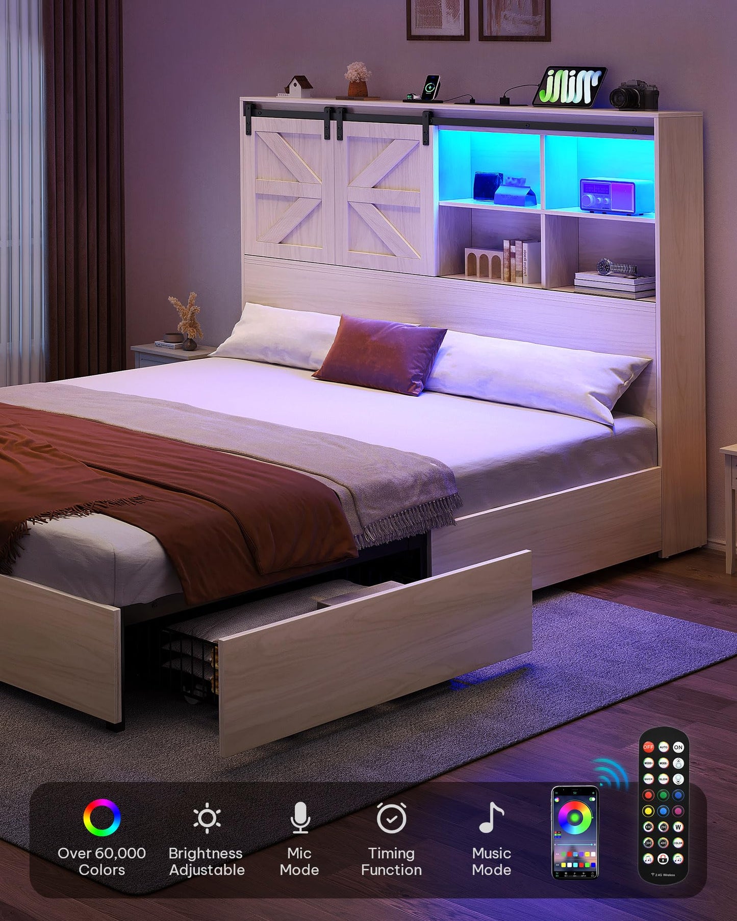 DWVO Farmhouse Queen Size Bed Frame with Storage Bookcase Headboard, Sliding Barn Door, 4 Storage Drawers, RGB LED Bed Frame with USB Charging Station, No Box Spring Needed, Antique White