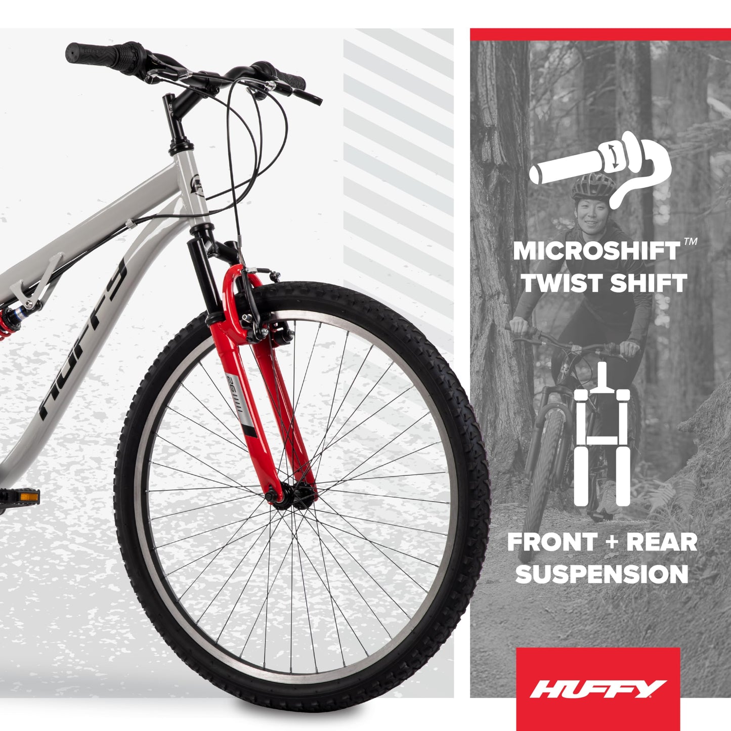 Huffy Stone Mountain Mens 26 Inch Mountain Bike, Cloudy Grey Gloss Frame, 21-Speed Shimano Twist Shifting, Dual Suspension, Comfort Saddle | 20"/24"/26" Sizes, 6-21 Speeds, Dual Suspension Available |