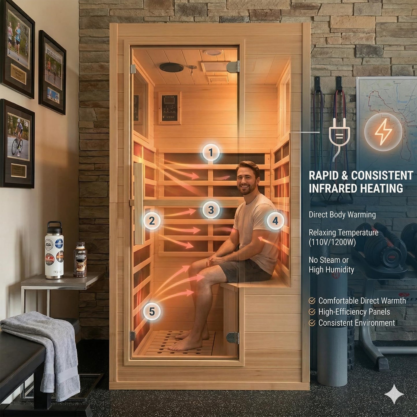 1-Person Indoor Far Infrared Sauna - Canadian Hemlock, 5 Heat Panels, 7-Color Lights, Bluetooth, Oxygen Bar, 110V/1200W, Snap Buckle Easy Assembly, 104-140°F, Ideal Wellness Gift for Home Spa