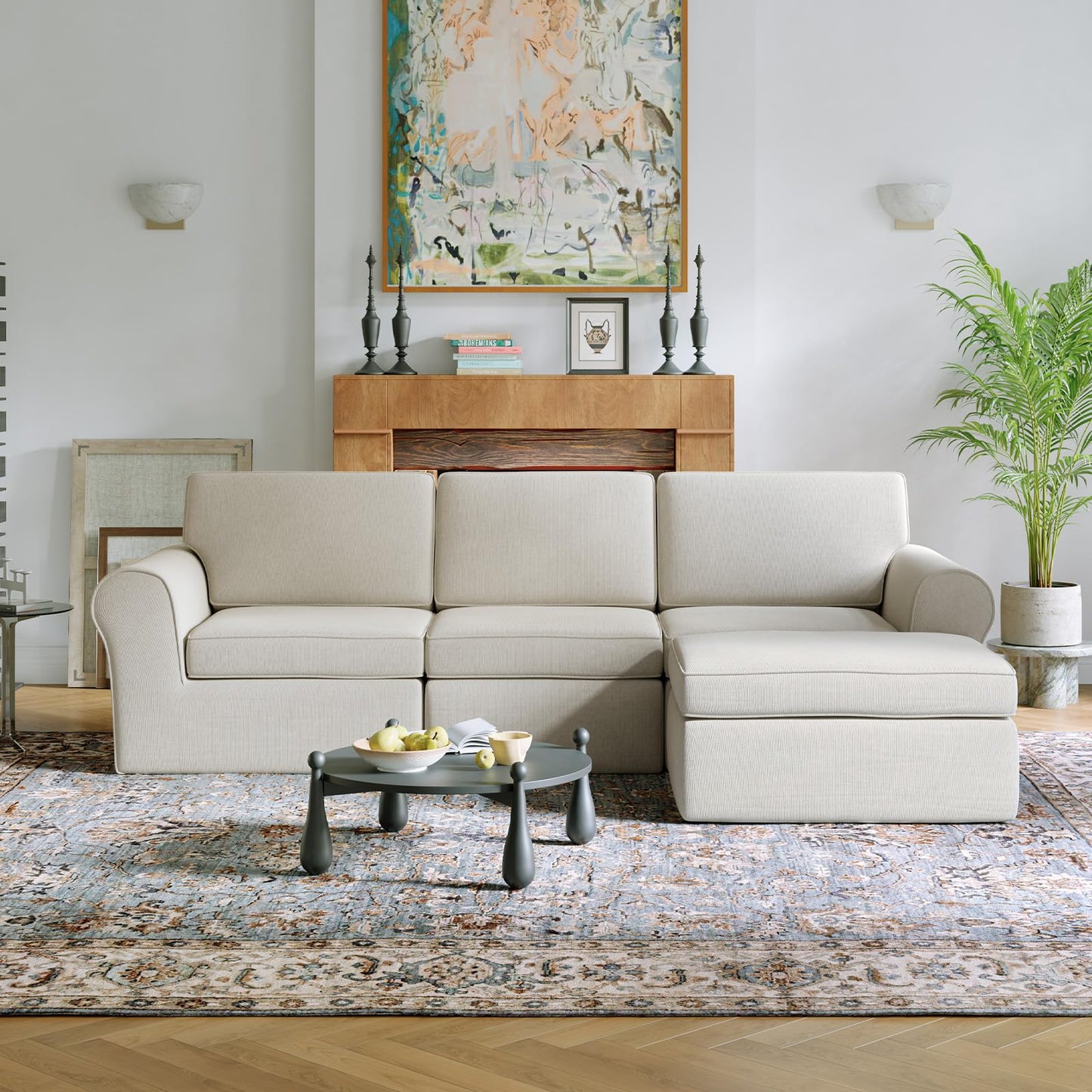 Novilla 108" Modular Sectional Sofa, Modular Sectional Couches for Living Room Bedroom, Chenille Removable Cover Cloud Couch with Smarts Coil® Support L-Shaped Couch(Beige, 3 Seater + 1 Ottoman)