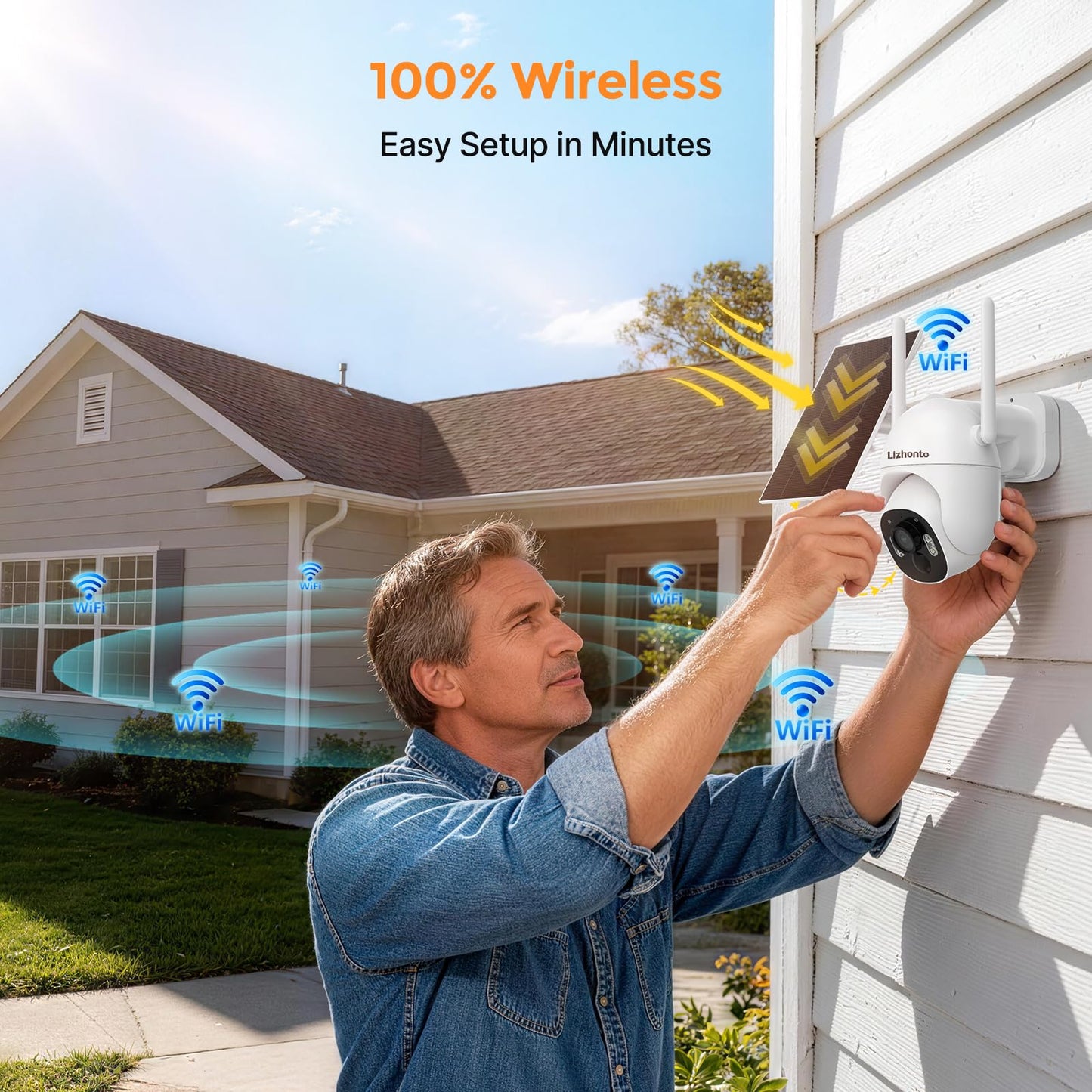 Lizhonto 4MP Solar Wireless Security Camera System with Touch Monitor, Outdoor Home Surveillance NVR Kit, 2 Cameras Expandable to 10CH, 64GB, Color Night Vision, Motion Detection, No Monthly Fee