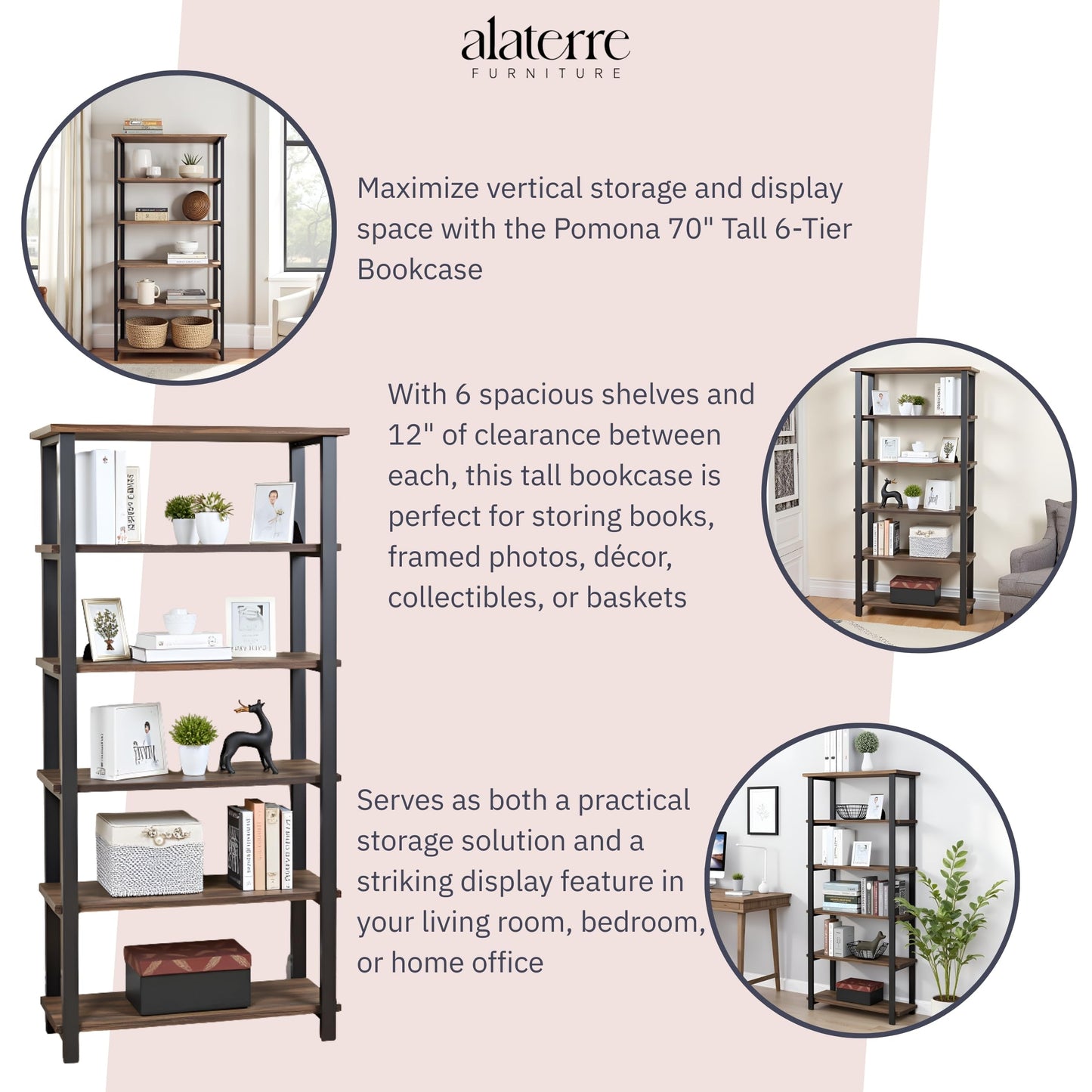 Alaterre Furniture Pomona Living Room 6-Tier Solid Wood Bookcase with Metal Frame – Rustic Industrial Modern Wood and Metal Bookshelf for Home Office, Living Room, or Bedroom Storage