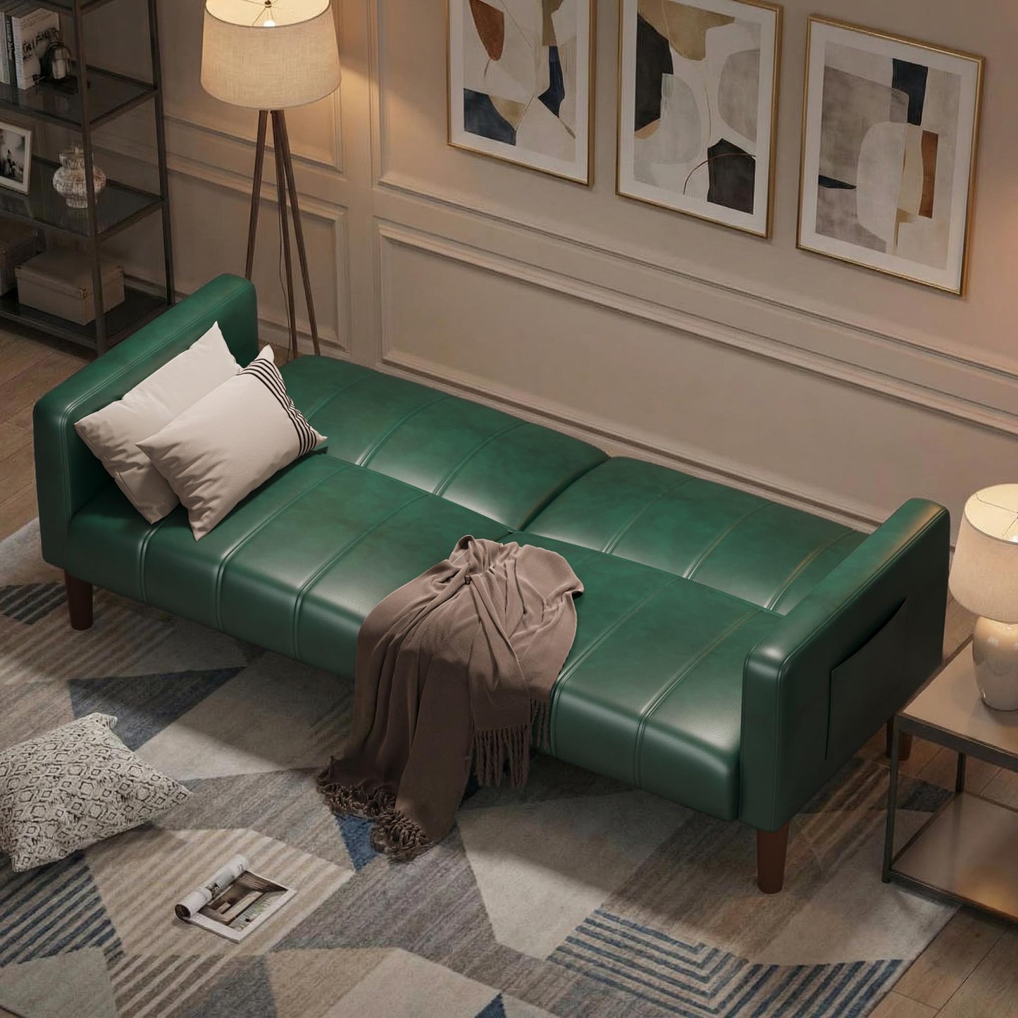 75 in Futon Sofa Bed, Faux Leather Convertible Couch with Adjustable Backrest, Side Pocket, Mid Century Modern Loveseat Sleeper Sofa for Living Room, Bedroom, Apartment, Small Spaces, Green