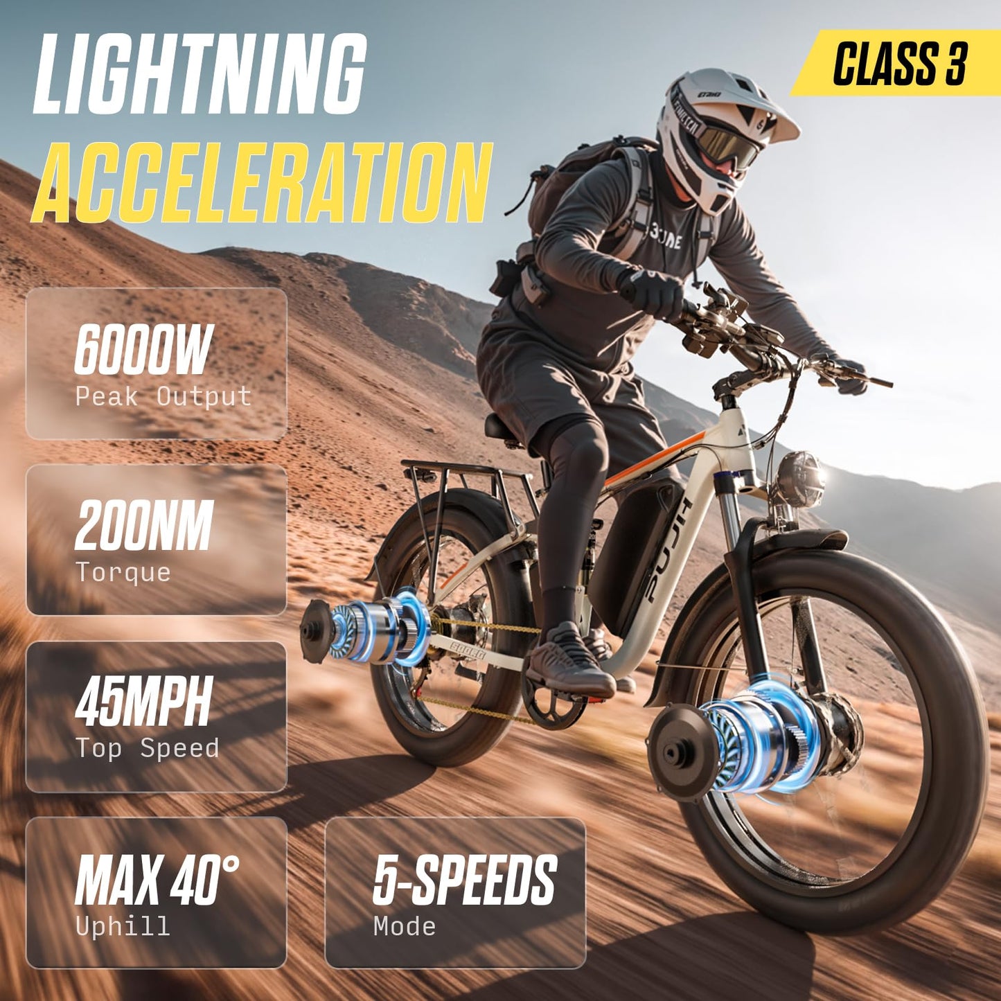 PUJH 6000W Dual Motor E-Bike Up to 100Mi 60V 24" Fat Tire for Adults PU364