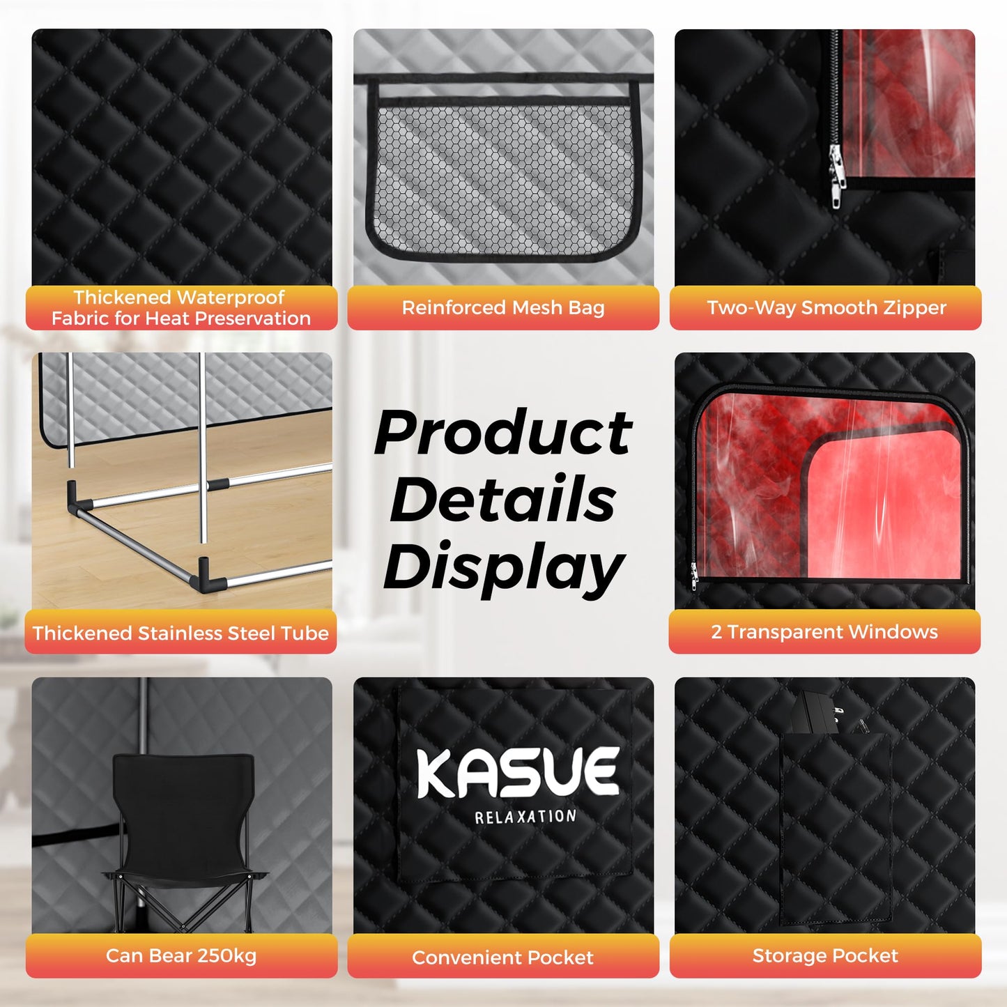 KASUE Upgraded 2 Person Sauna Box, Portable Infrared Sauna with 5-Layer Waterproof, 2 Steamers, 2 Folding Chair, 71”x 36”x 49” for Indoor, Outdoor, Gym, Spa, Carbon Black