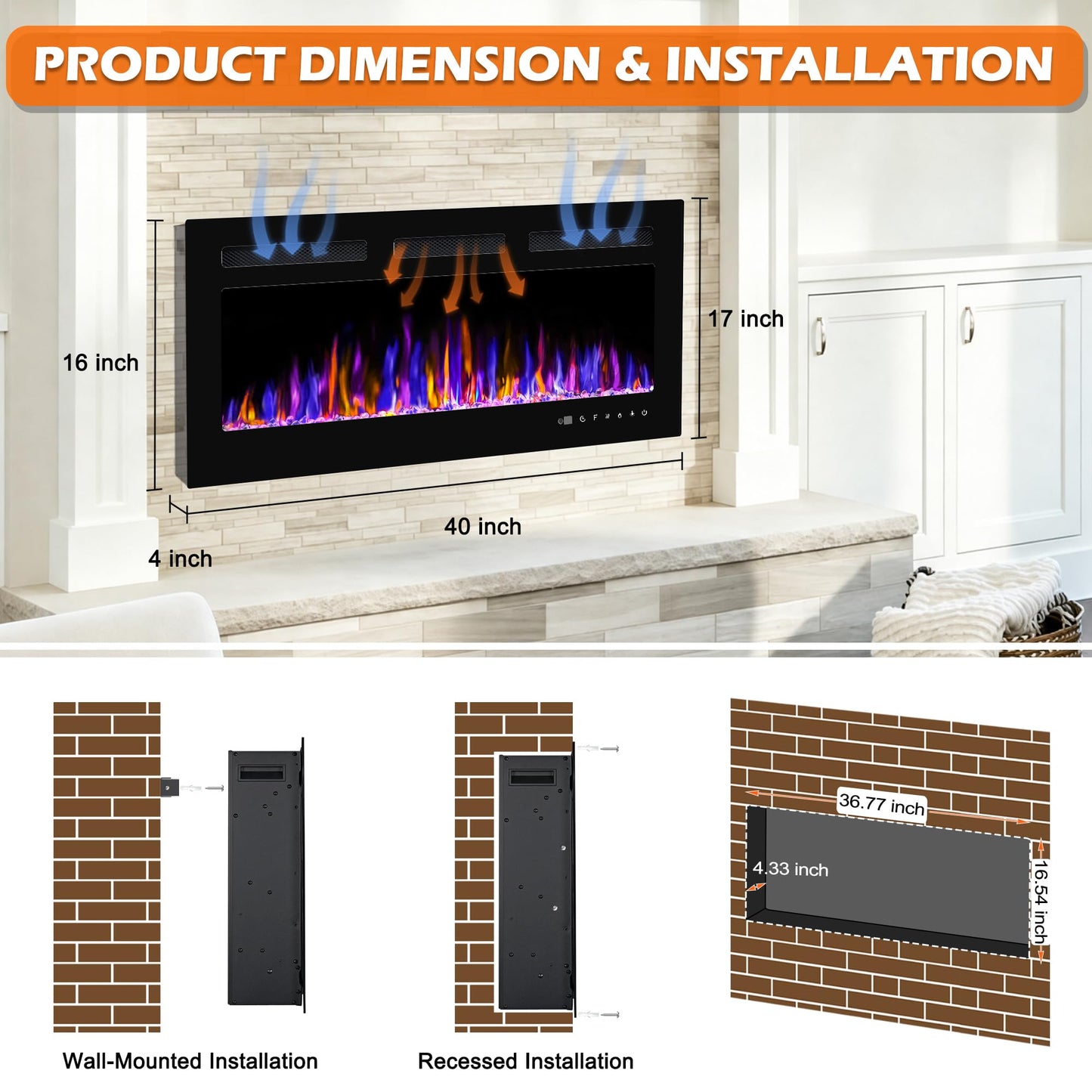 BETELNUT 40" Electric Fireplace Wall Mounted and Recessed with Remote Control, 750/1500W Ultra-Thin Wall Fireplace Heater W/Timer Adjustable Flame Color and Brightness, Log Set & Crystal Options