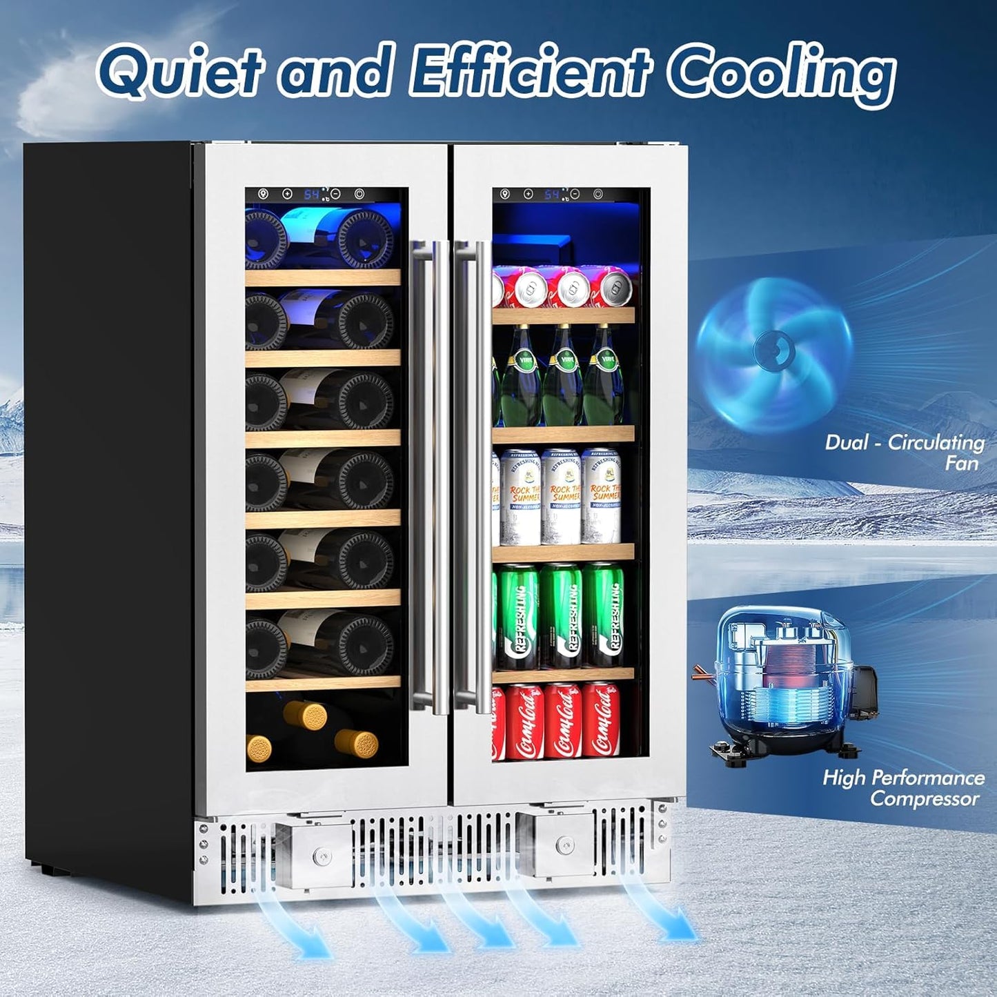 Antarctic Star 24 Inch Dual Zone Wine & Beverage Refrigerator, 4.4 Cu.Ft Built-in Under Counter Fridge with French Glass Doors, Holds 21 Bottles & 88 Cans, Touch Controls
