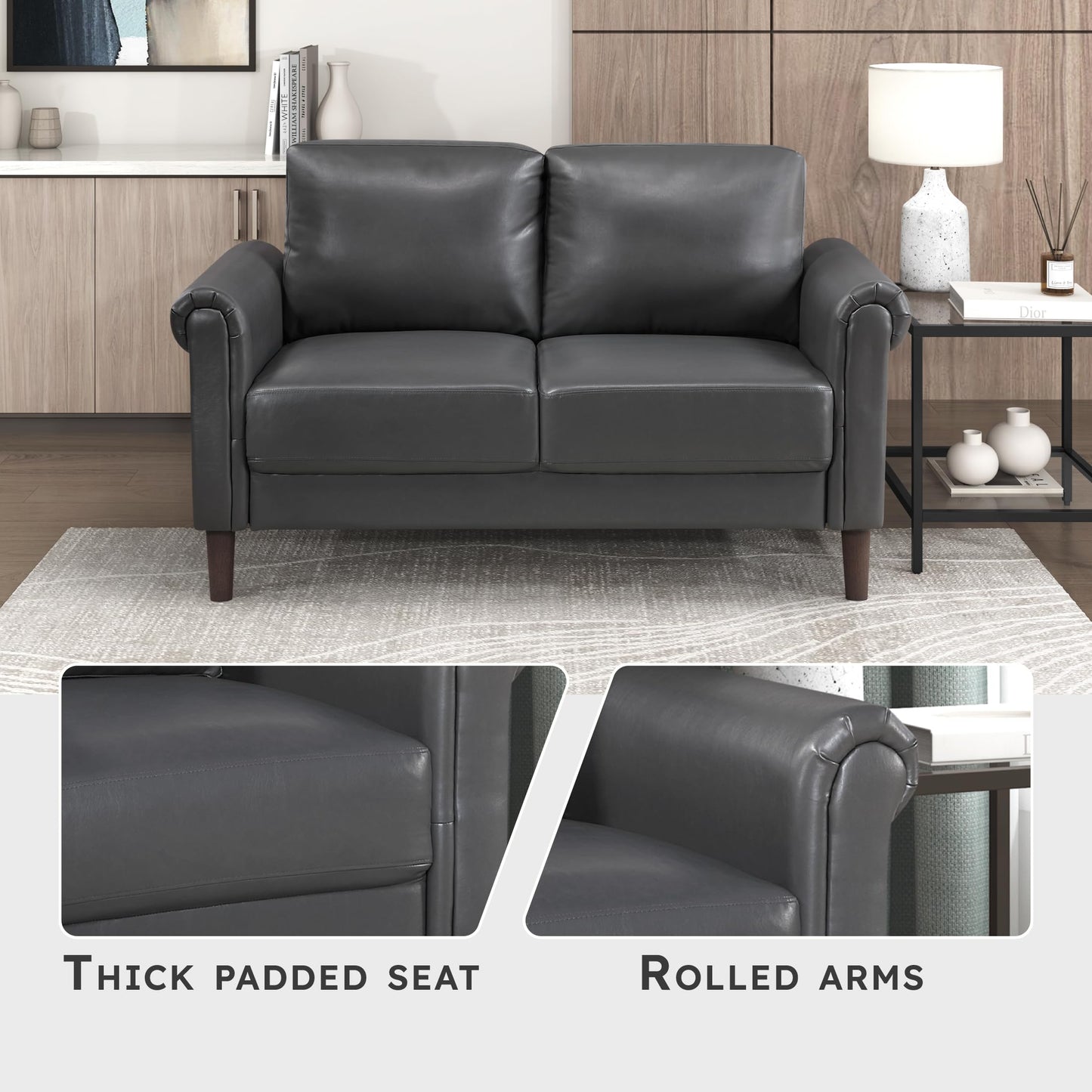 Lexicon 57" W Loveseat, Faux Leather Upholstered Couch, Loveseat with Rolled Armrest for Bedroom/Office/Waiting Room, 2 Seater Couch, Dark Gray