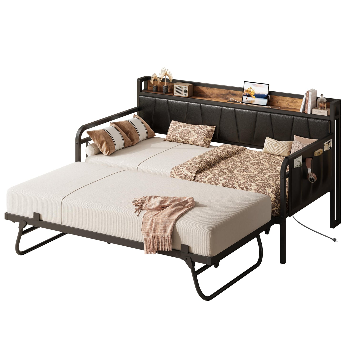 LIKIMIO Twin Daybed, Day Bed with Trundle, Storage Upholstered Headboard and Charging Station, Trundle Bed with Strong Supports for Living Room, Bedroom, and Guest Room, Black
