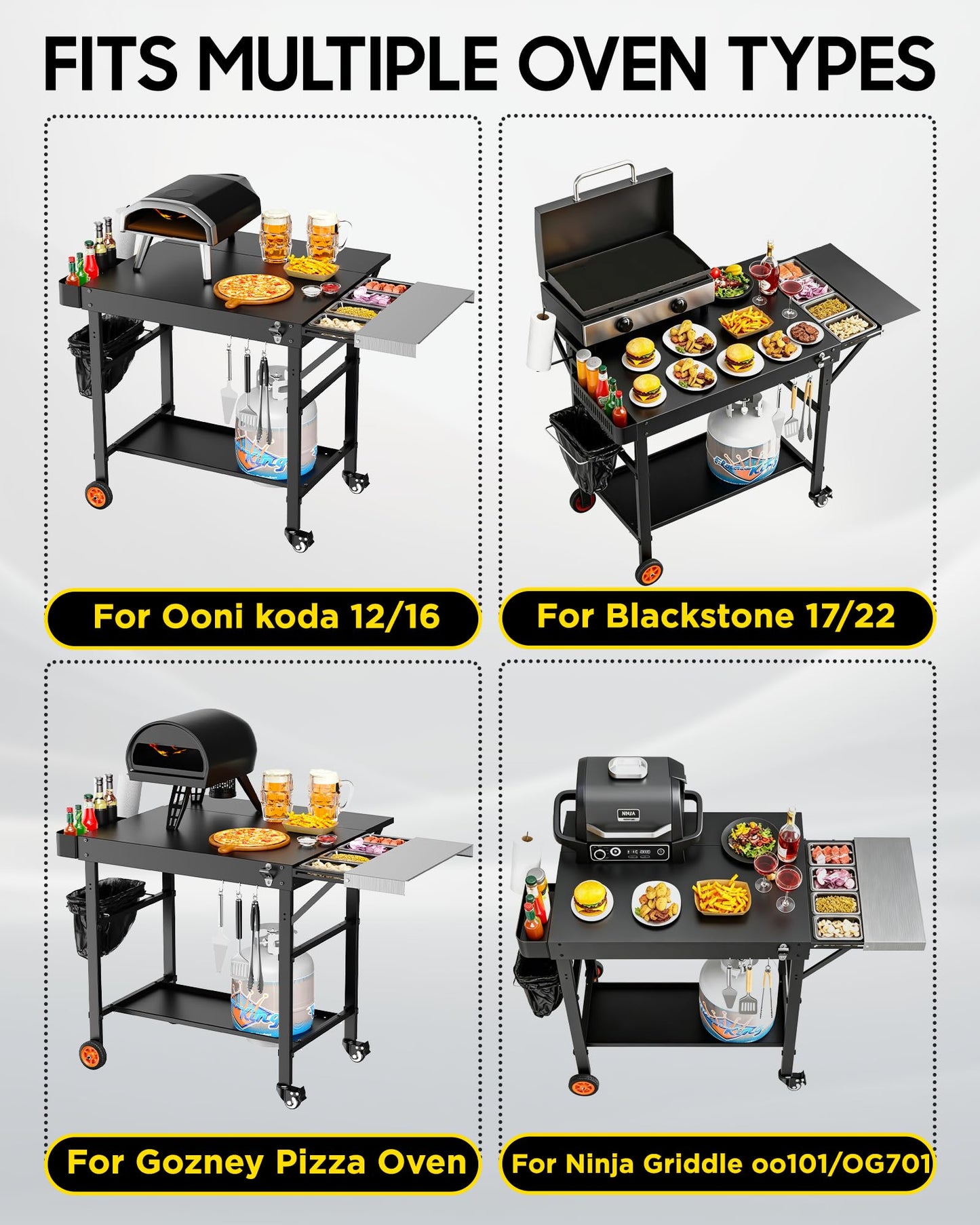Pizza Oven Table, Grill Table for Ninja Pizza Oven, Pizza Oven Cart Fits Blackstone 17/22 Griddle, Koda 12/16, Cuisinart Gozney, Solo Stove,Outdoor Pizza Oven cart with Sliding Covered Storage Tray