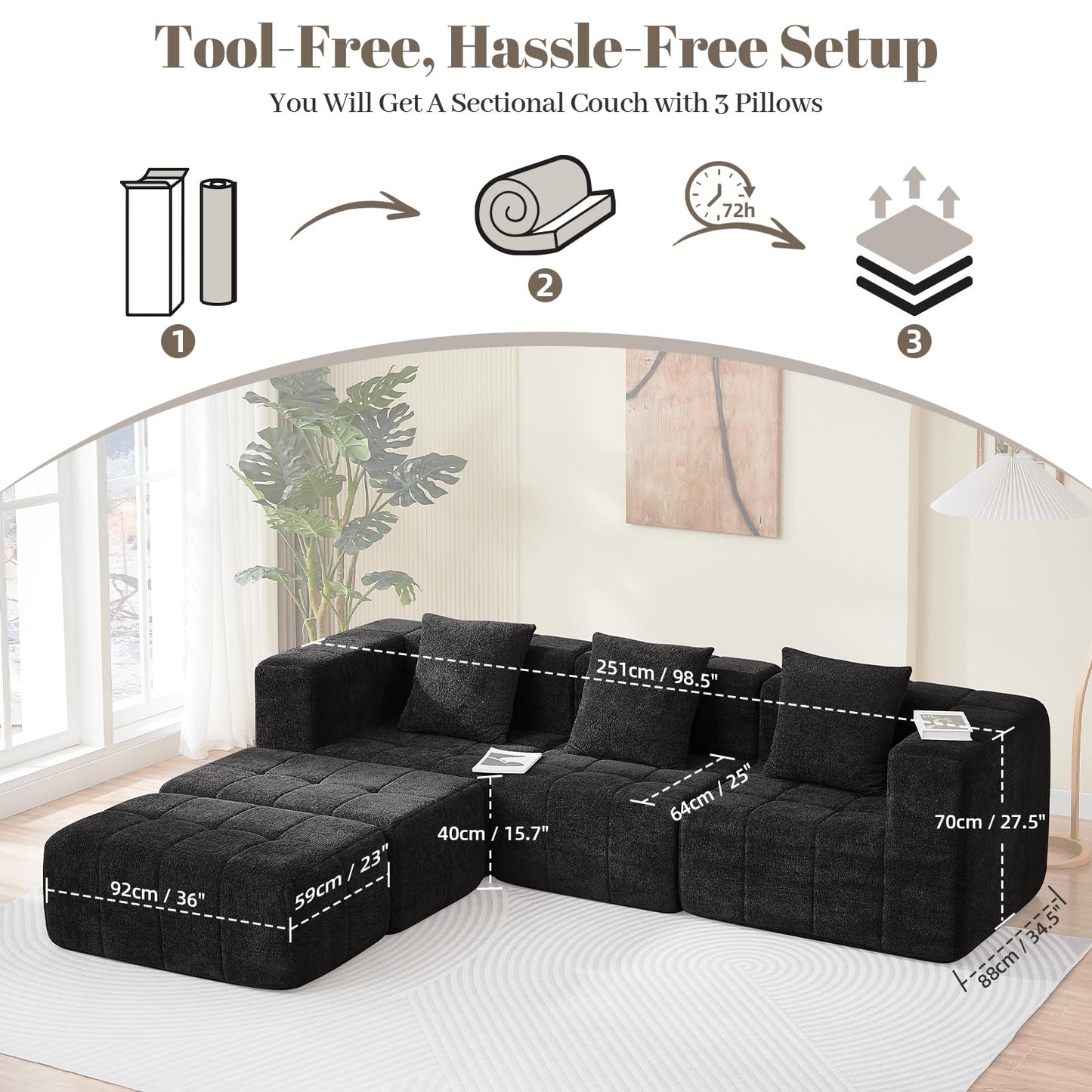 Housiney Modular Sectional Sofa with Deep Seat, 98'' 5 Seater Boneless Cloud Couch with Ottoman, No Assembly Required, Modern Plush Corduroy Cloud Couches for Living Room & Apartment, Black