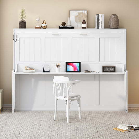 GDFStudio Queen Size Murphy Bed with Desk and Hydraulic Lift, Wall Bed Frame with Foldable Workstation, Space Saving Wooden Cabinet Bed with Mattress Storage for Guest Room, White