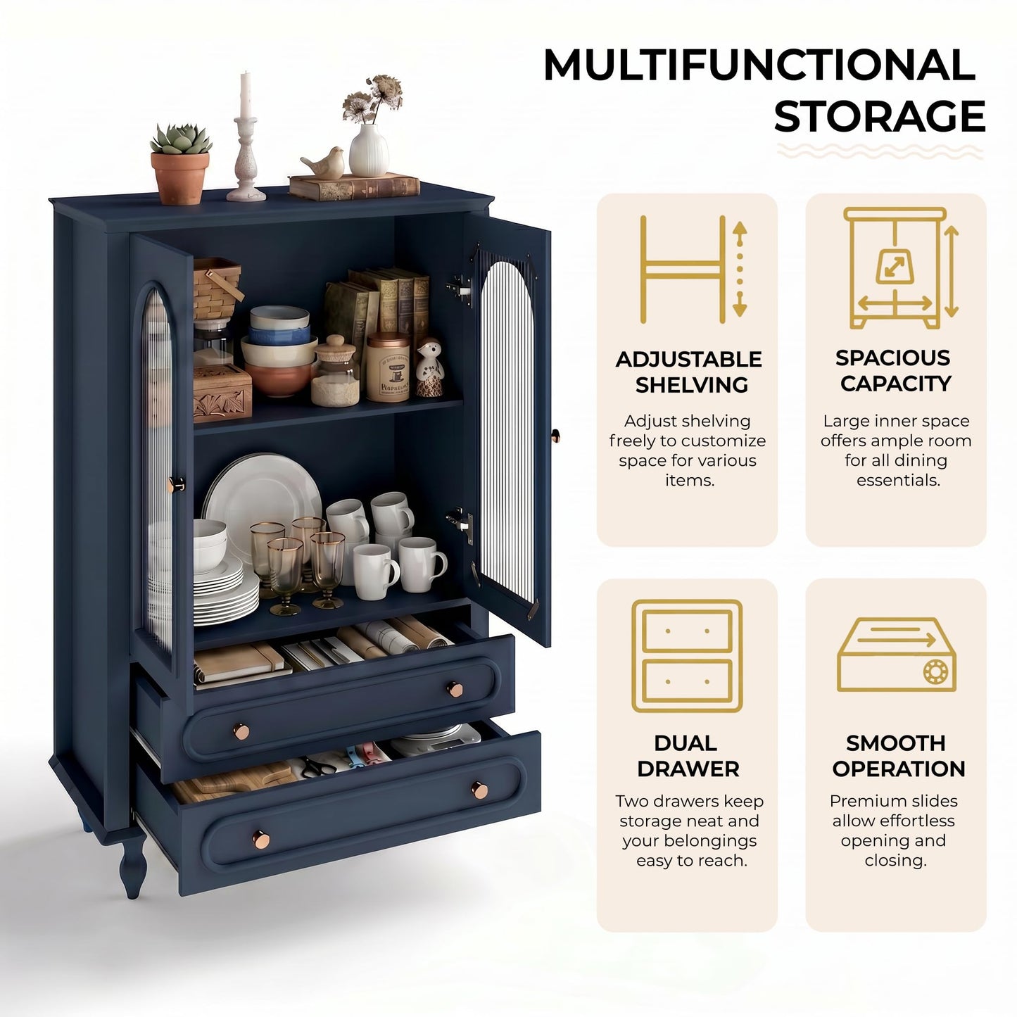 KEIKI Glass Display Cabinet with Ribbed Glass Doors, 46.5" Wooden Curio Cabinet with 2 Drawers & Adjustable Shelf, Freestanding Buffet Storage Unit for Living Room Dining Room Entryway, Blue