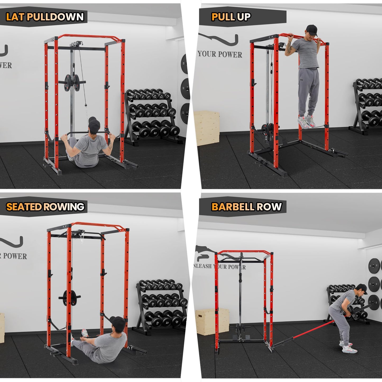 Power Cage with LAT Pulldown, Multi-Functional Power Rack with Cable Pulley System and J-Hooks, Squat Rack with Dip Bars and Landmine Attachment, Weight Cage for Home Gym Equipment (Black/Red)