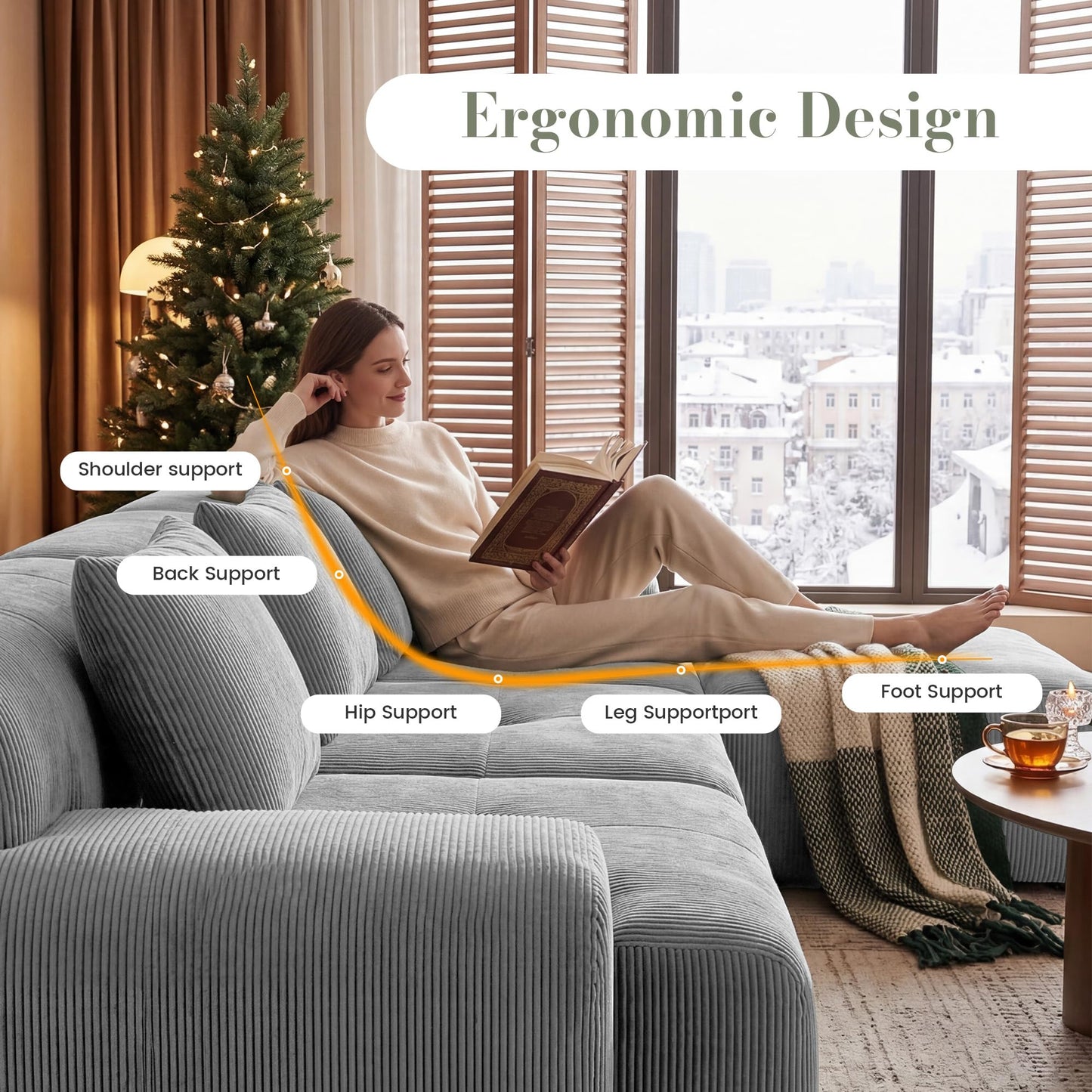 GRUSIGN 108'' Modular Sectional Boneless Couch, Tufted Cloud Sectional Couches for Living Room, L Shape Deep Seat Sofa with Ottoman & 3 Throw Pillows,Corduroy Oversized Couch,Light Grey