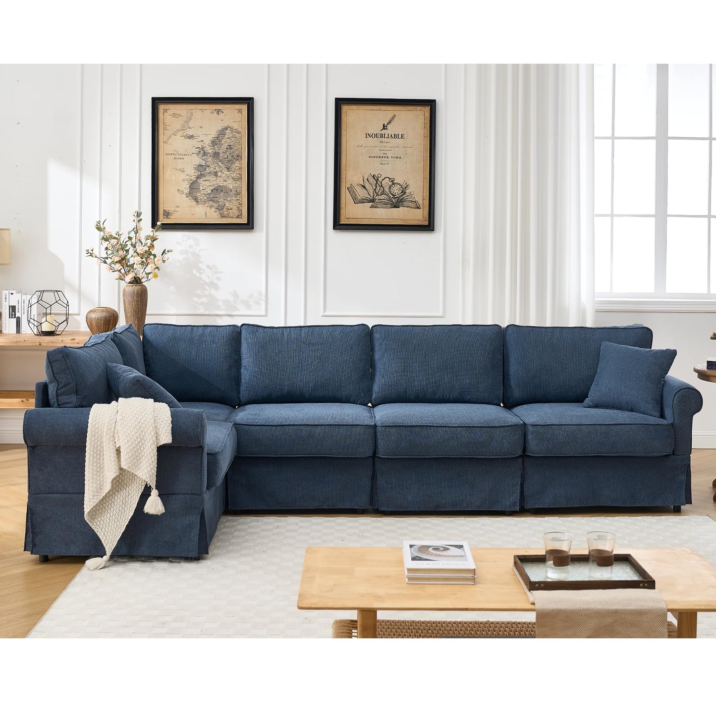 KEIKI 94" L-Shaped Oversized Modular Linen Sectional Sofa with Rolled Arms, Cushion Back, Modern Style Convertible 5-Seater Corner Couch, Easy Assembly, for Apartment, Living Room, Bedroom, Dark Blue